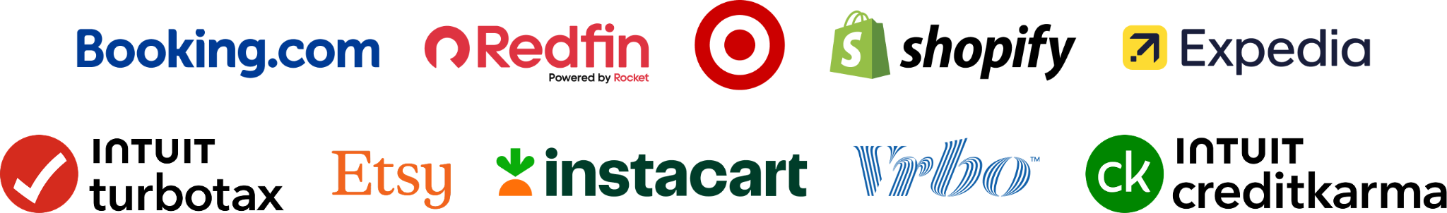 Expedia, Booking.com, Shopify, Credit Karma, Turbotax, Redfin, Etsy, Instacart, Target logo's