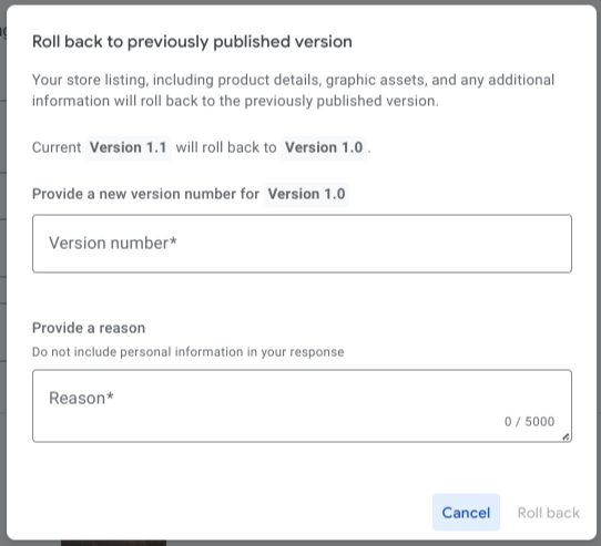 Developer dashboard screenshot showing the rollback dialog asking for version and reason