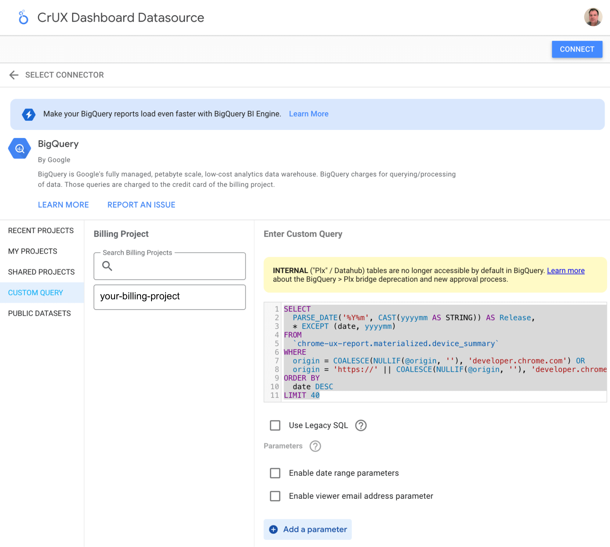 カスタムクエリの BigQuery データソースを使用すると、SQL クエリをデータソースとして使用できます。