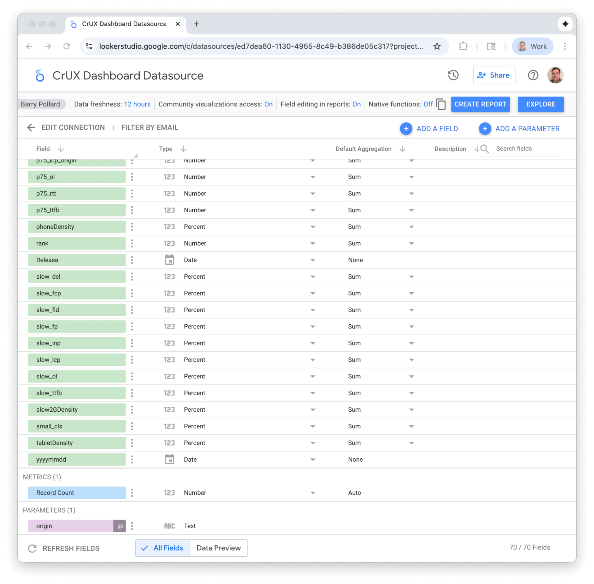 Ekran konfiguracji pól źródła danych, na którym możesz ustawić typy danych dla każdego pola.