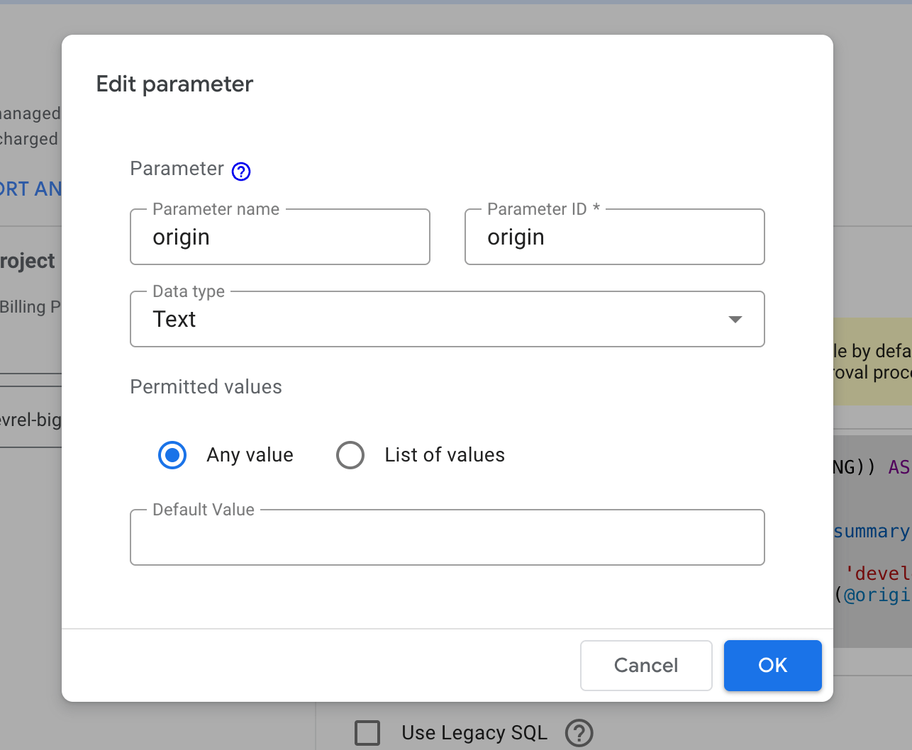 گفتگوی مدل که به شما امکان می دهد نام پارامتر، شناسه، نوع داده و مقادیر مجاز را تنظیم کنید.