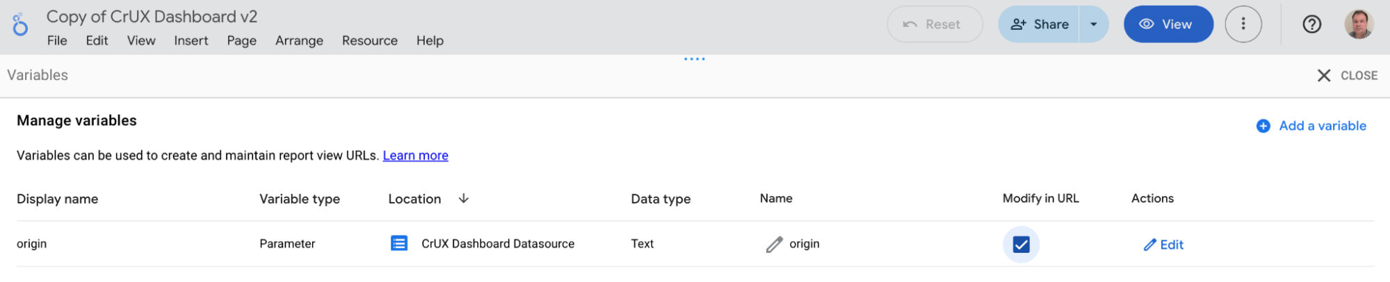 Écran de gestion des variables avec l'option "Modifier dans l'URL" cochée.