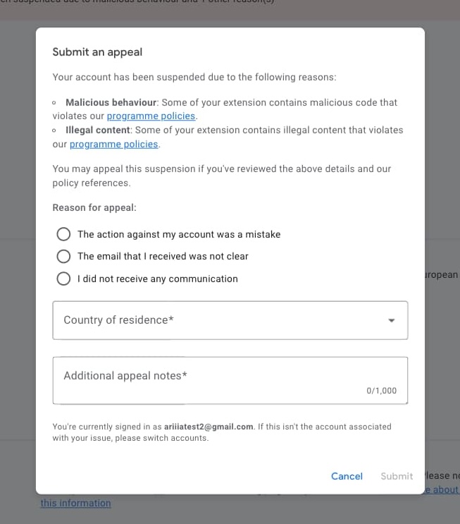 A screenshot showing the new appeal creation dialog inside the Chrome Web Store developer dashboard.
