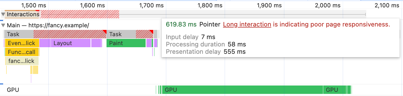 El perfil de la interacción de clic en un teléfono real, que se muestra en el panel Rendimiento, tarda 620 milisegundos. Se muestra una entrada de Paint muy similar como el seguimiento limitado, pero esta interacción está dominada por una entrada de GPU que ocupa la última mitad de la interacción.