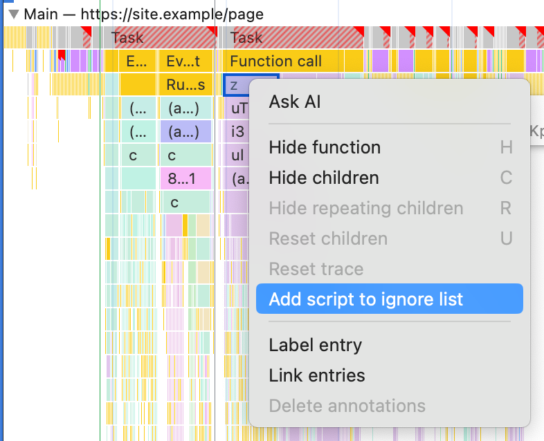 परफ़ॉर्मेंस पैनल में किसी एंट्री पर दायां क्लिक करने पर दिखने वाला मेन्यू. इसमें, 'अनदेखा की जाने वाली सूची में स्क्रिप्ट जोड़ें' विकल्प हाइलाइट किया गया है
