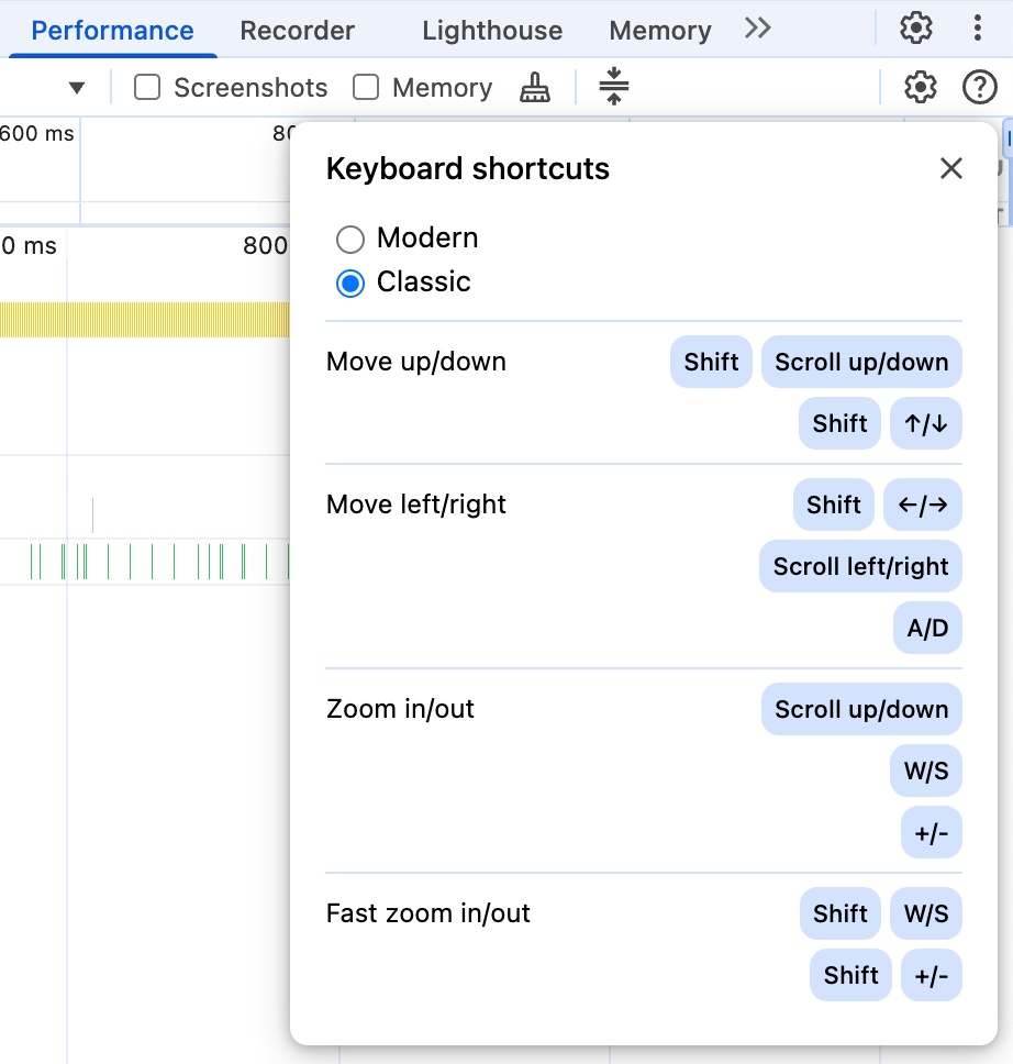 Menu opsi pintasan, yang berisi pilihan tombol pilihan antara scroll modern dan klasik