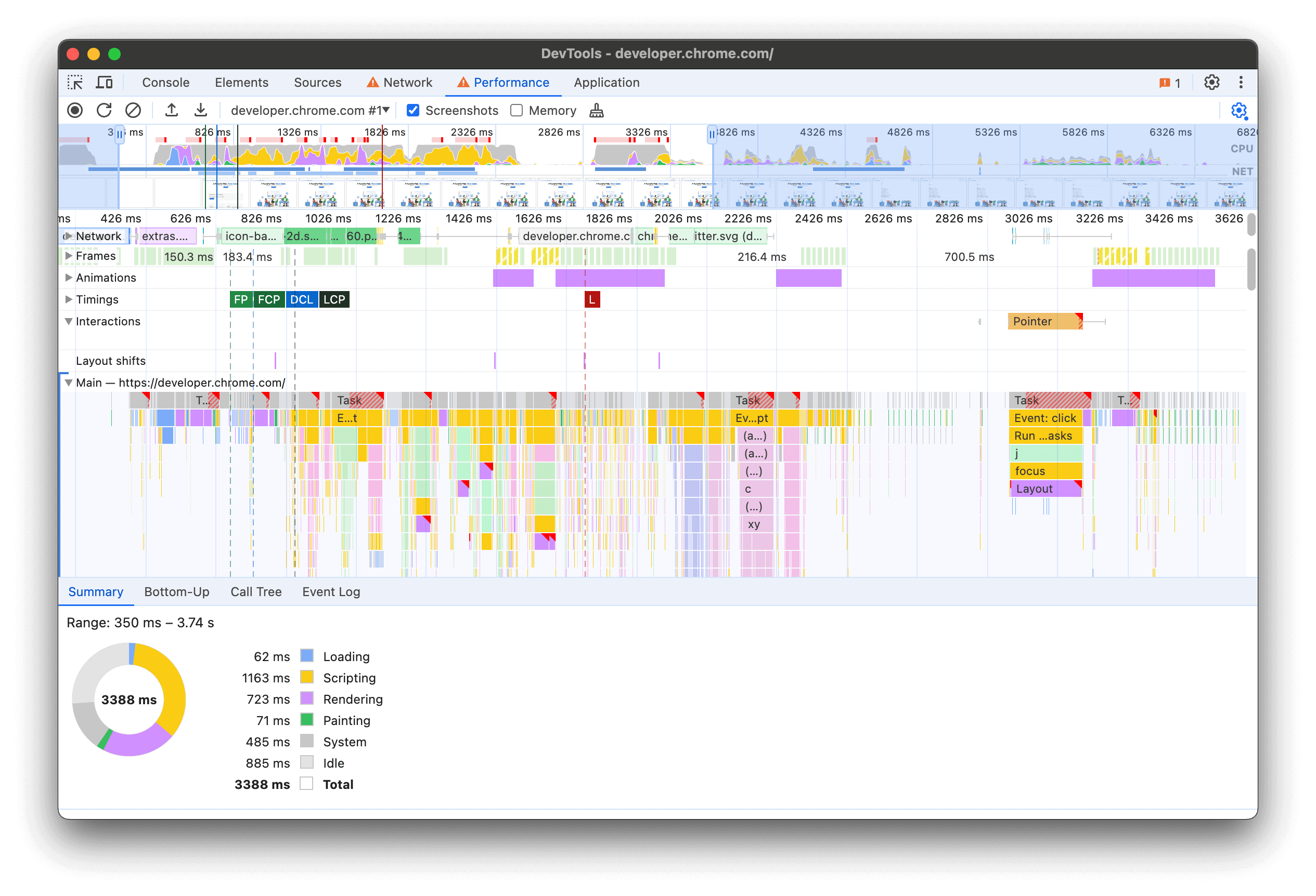 Trace view in the DevTools Performance panel