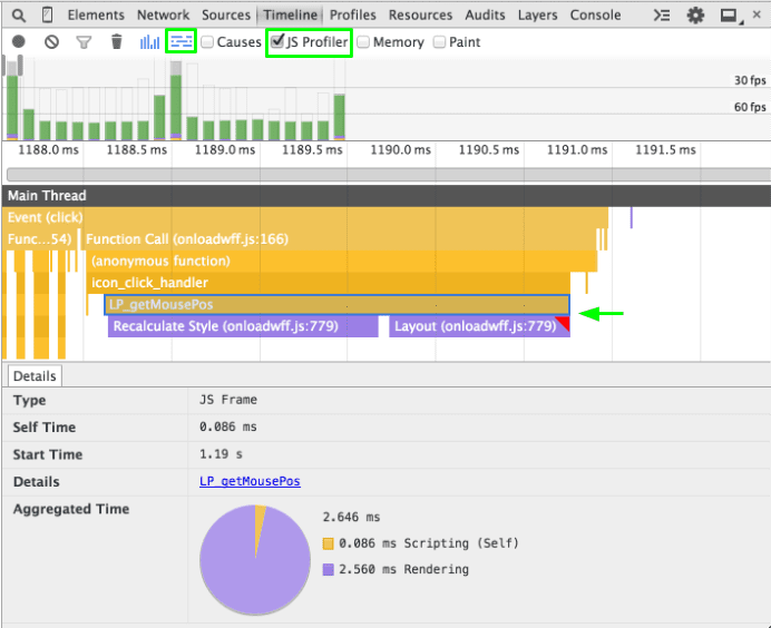 Using the JS Profiler capture option and Flame Chart view to investigate call stacks in the Timeline.