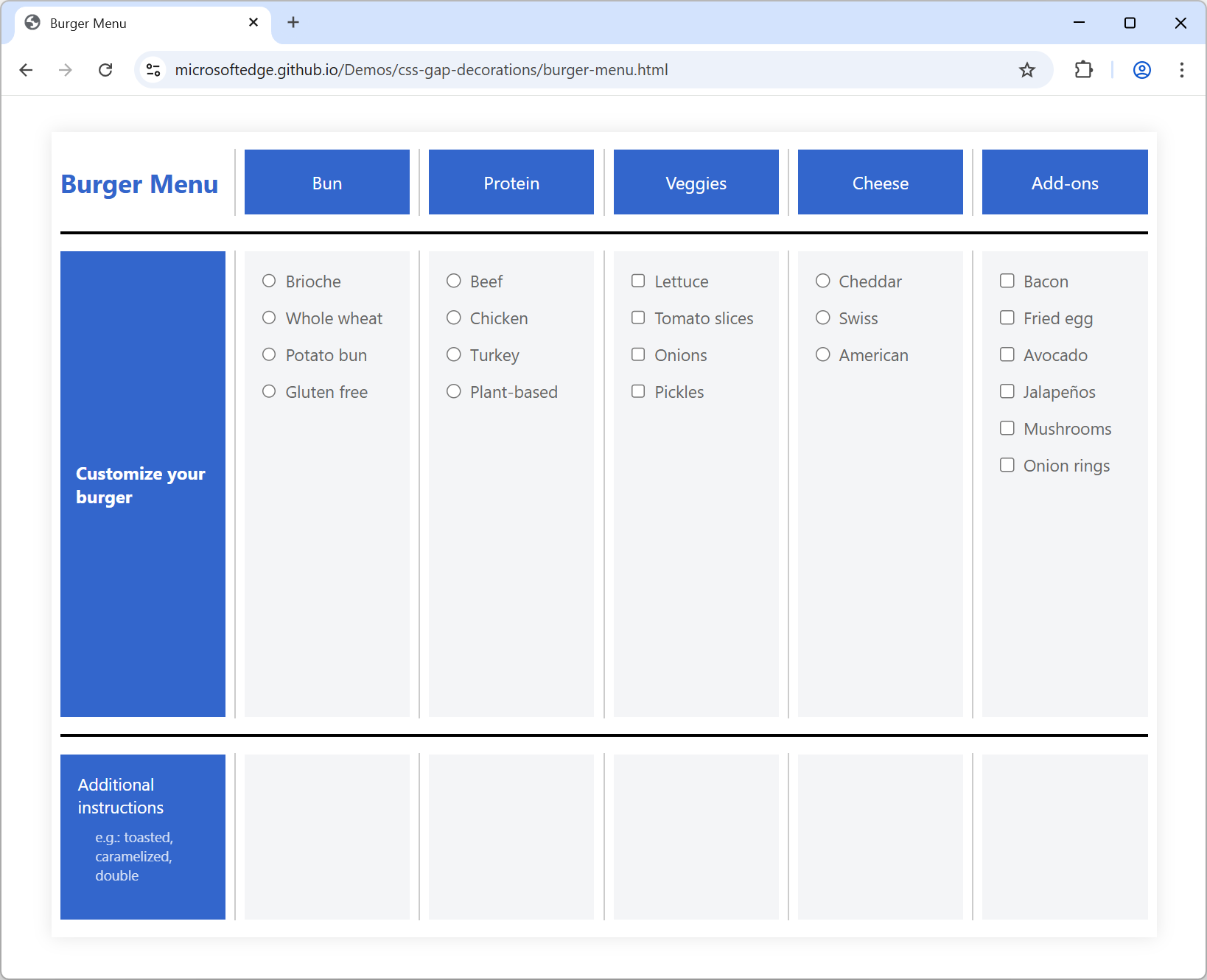 A UI for customizing a burger with lines between sections.
