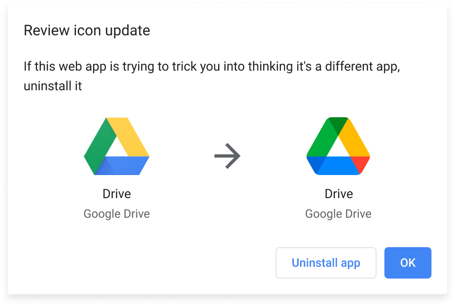 An alert showing the change to the icon, and a message warning the user with buttons to OK the change or uninstall the app.