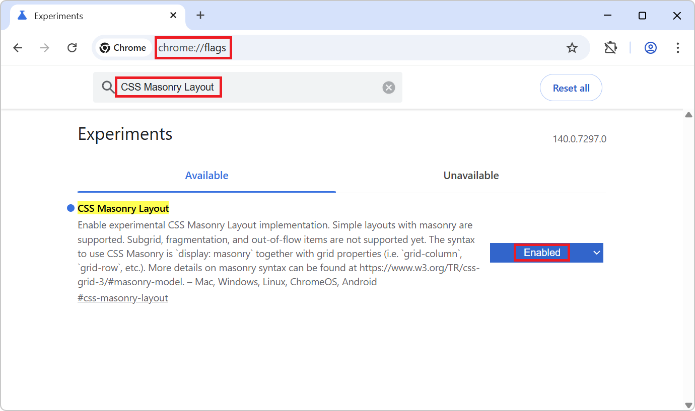 Entrée pour Masonry sur la page des tests.