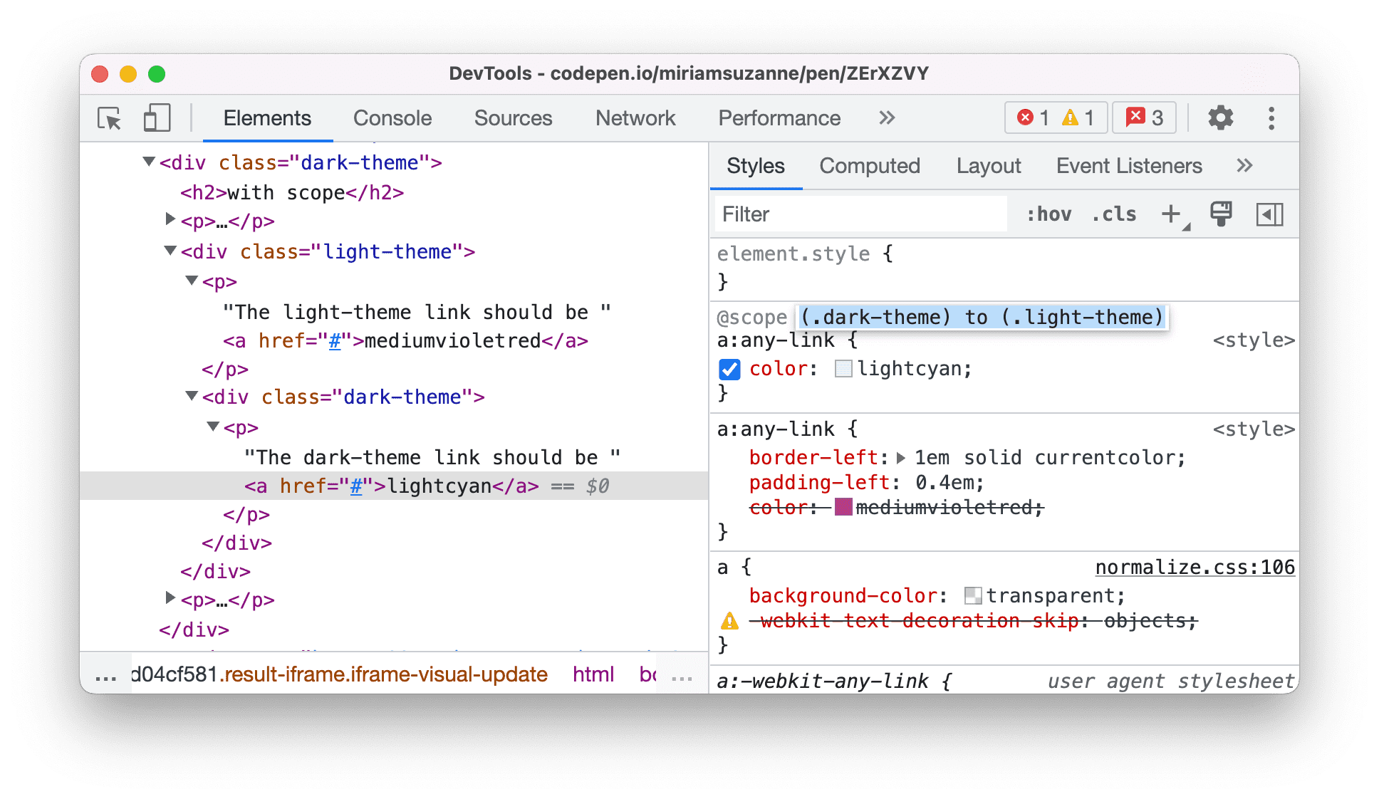 @scope בכללים בחלונית Styles (סגנונות)