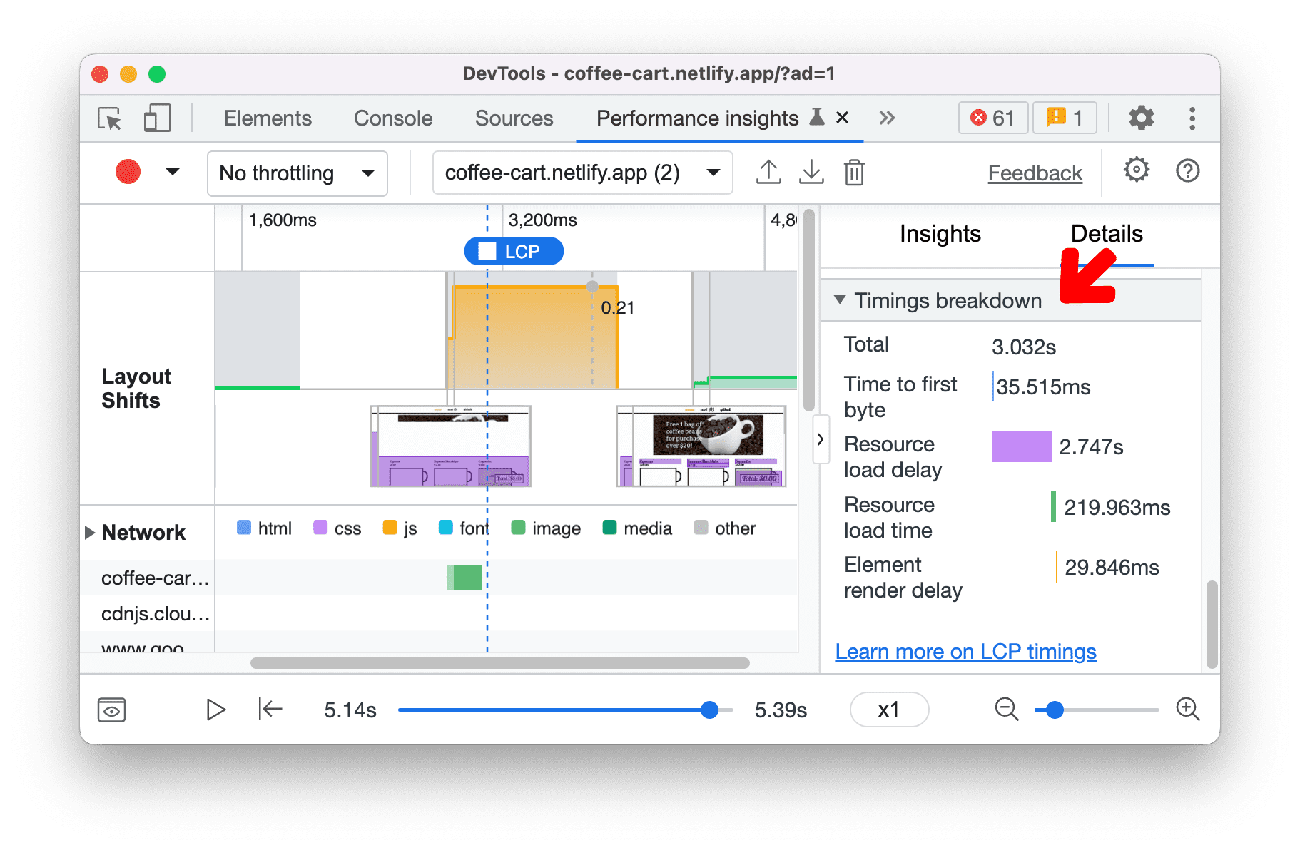 LCP timings breakdown in the Performance Insights panel