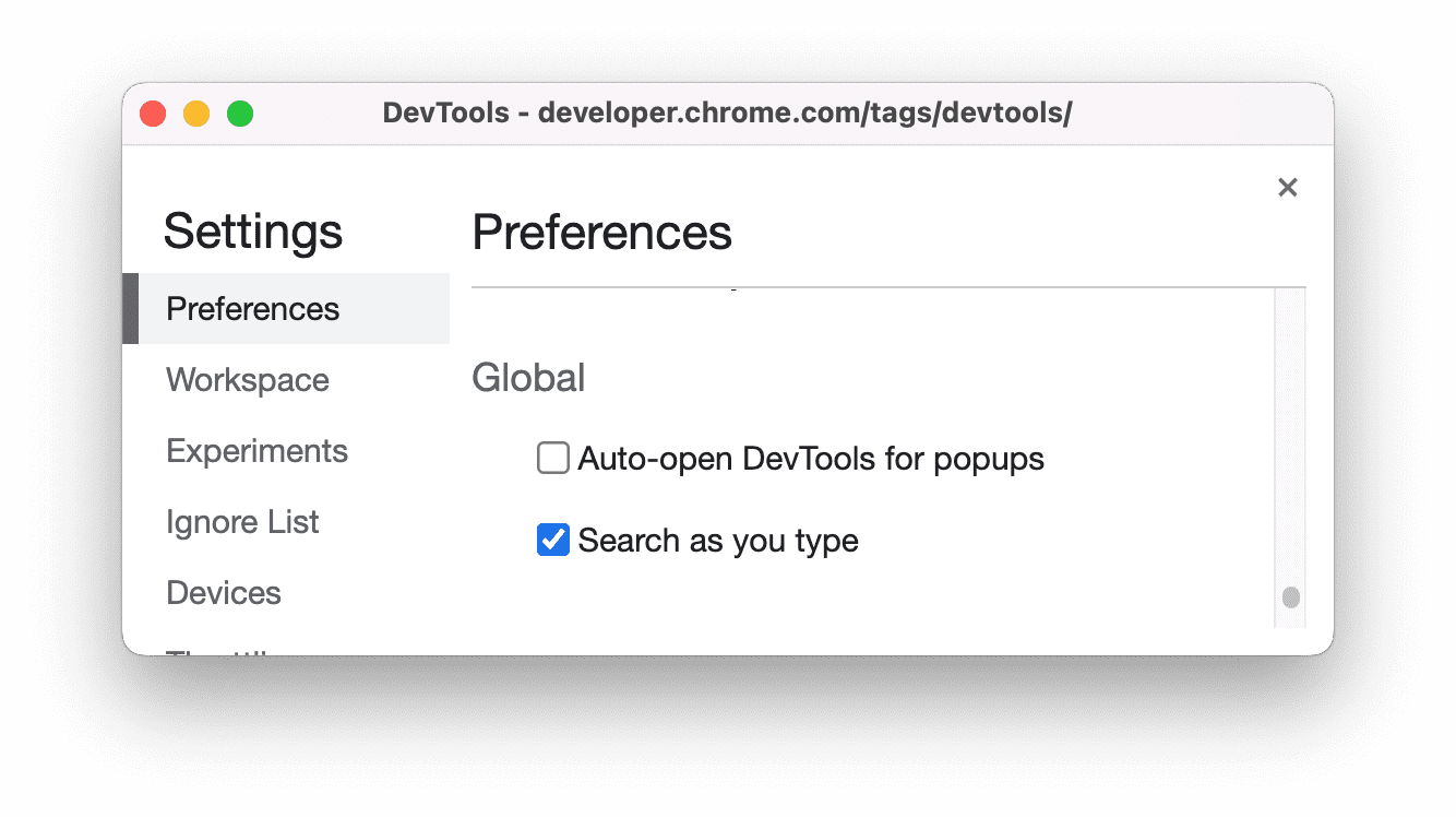 Configuração "Pesquisar enquanto você digita".