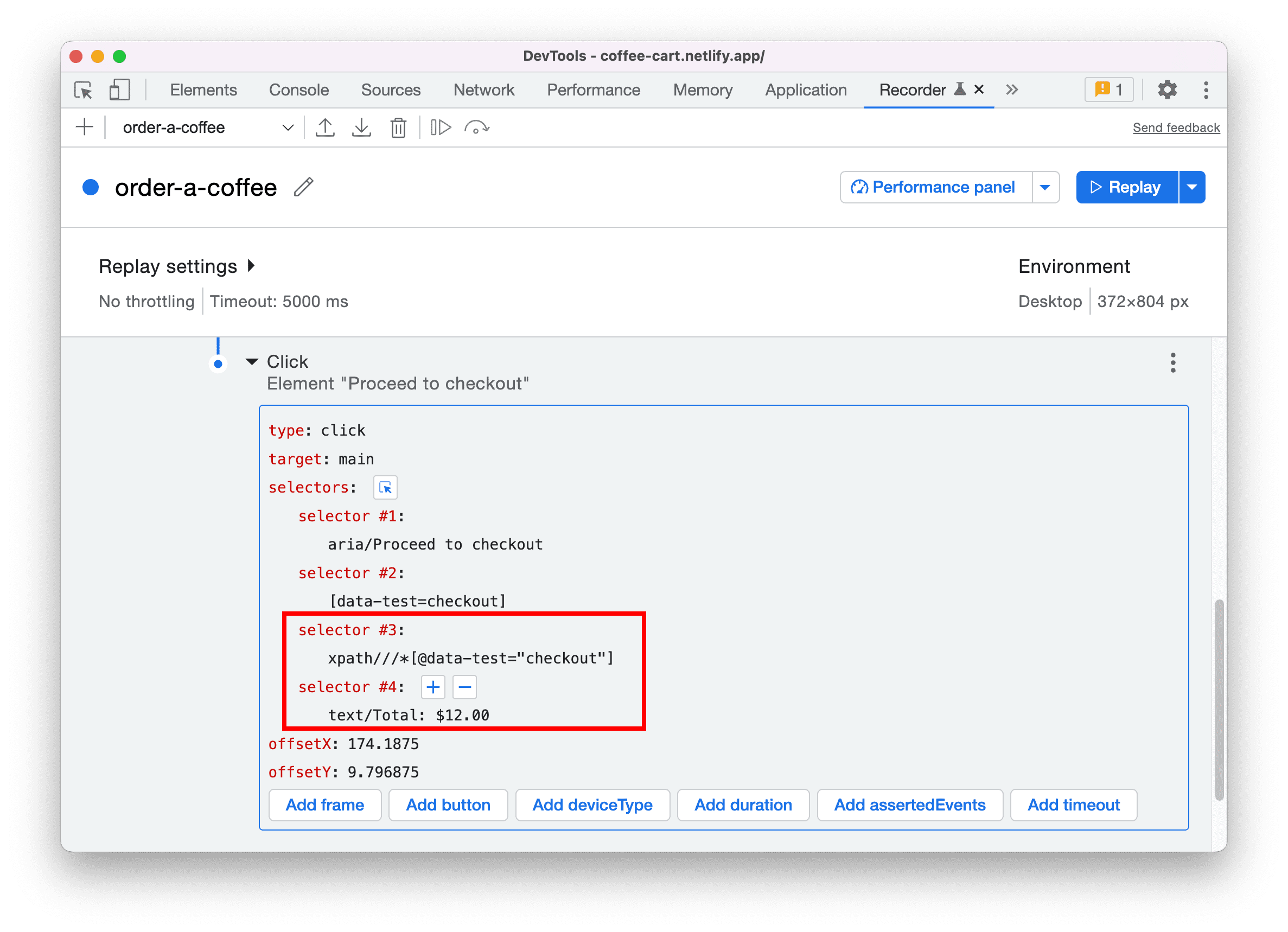 XPath and text selectors in the Recorder panel.