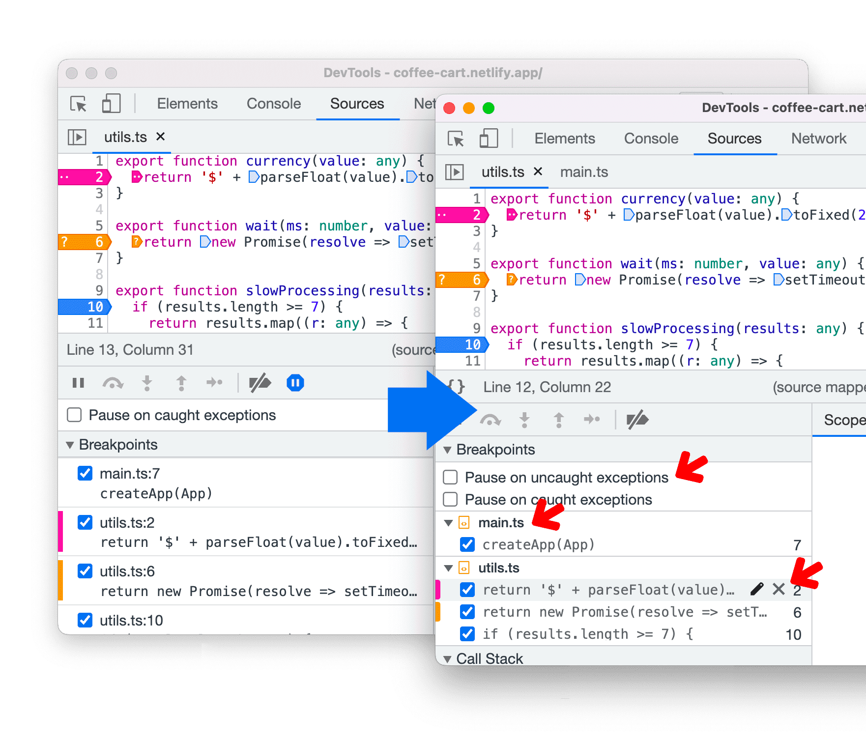 Show Breakpoint pane before and after the redesign.