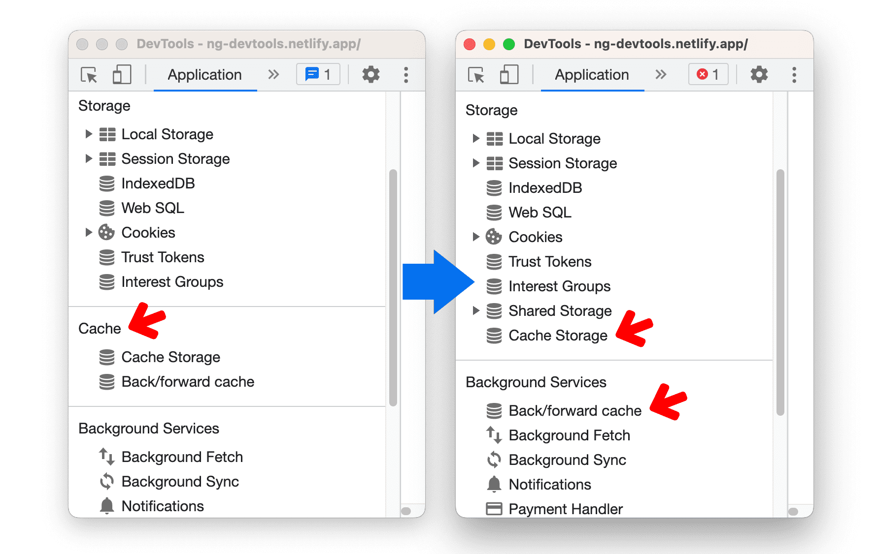 Caches in the Application panel.