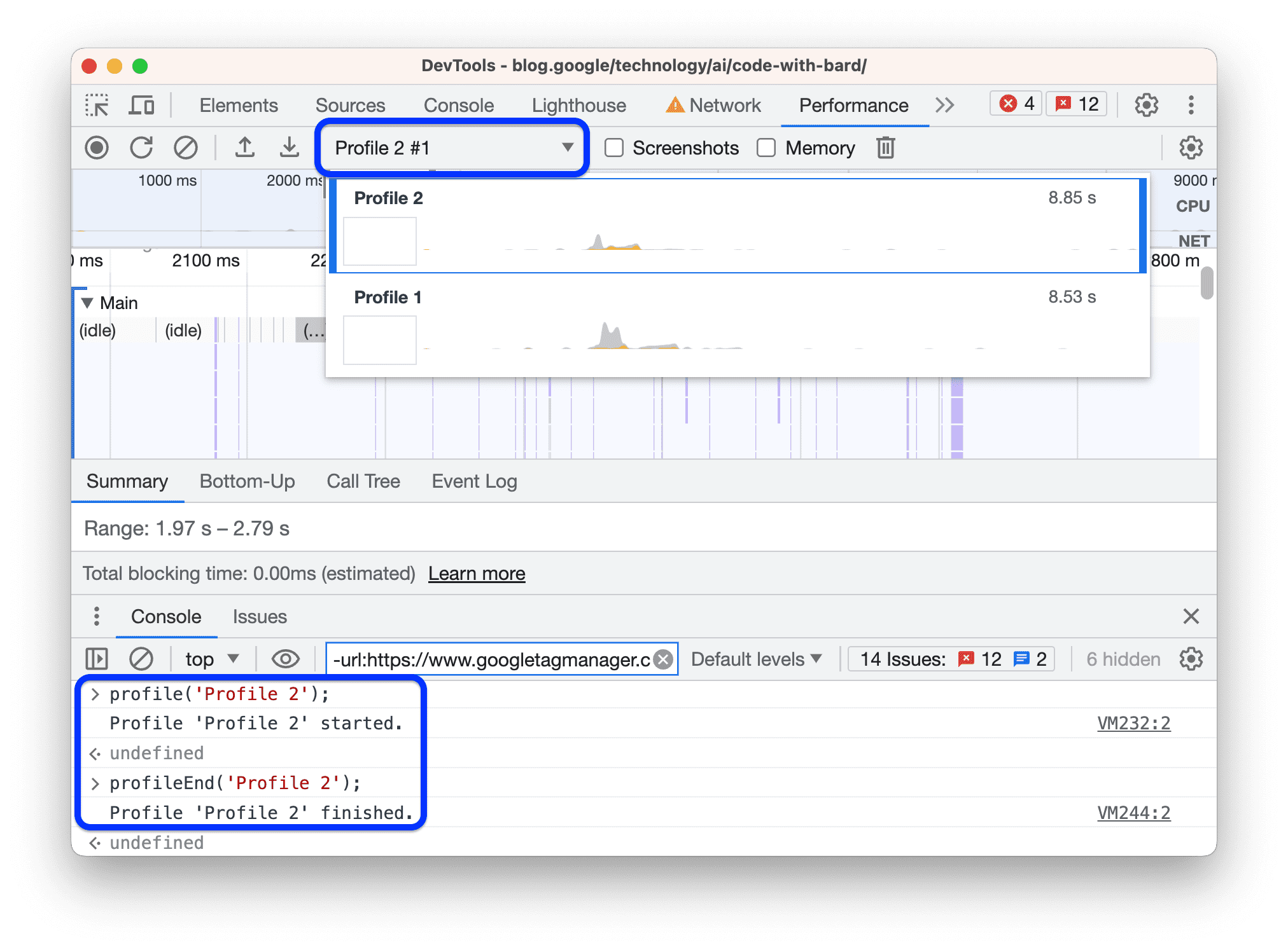 The console() command creates a profile in the Performance panel.