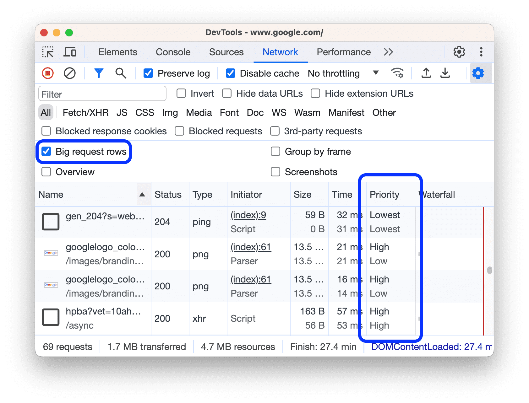 העמודה 'עדיפות' בחלונית 'רשת'.
