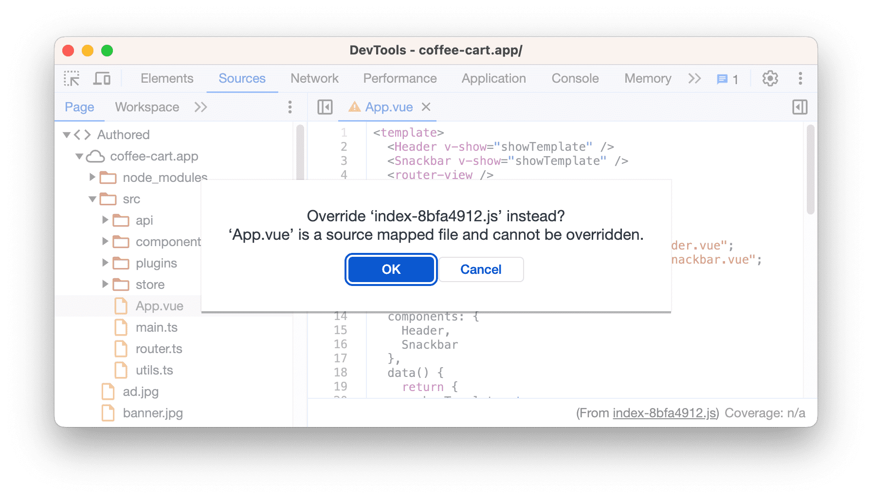 The dialog that takes you to the original code instead of the source-mapped file.