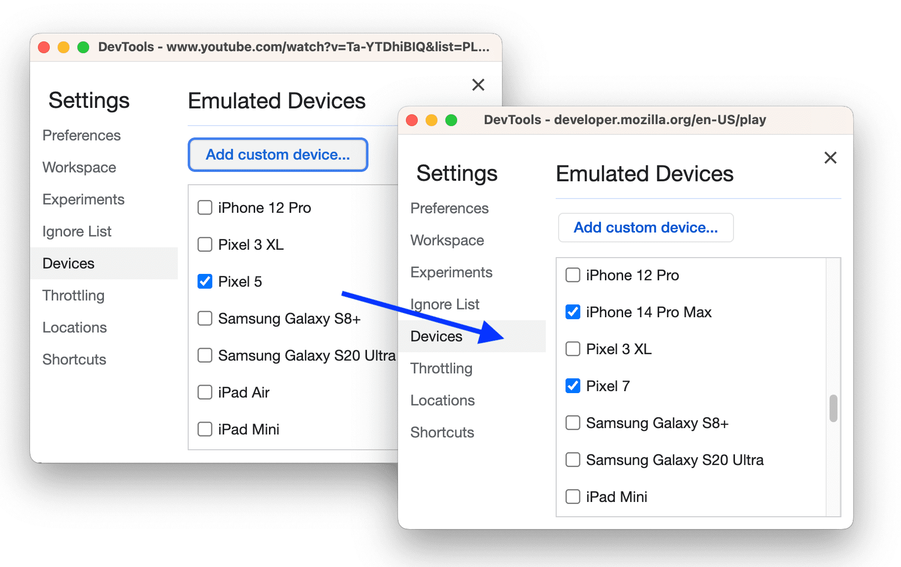 The before and after updating the device list.