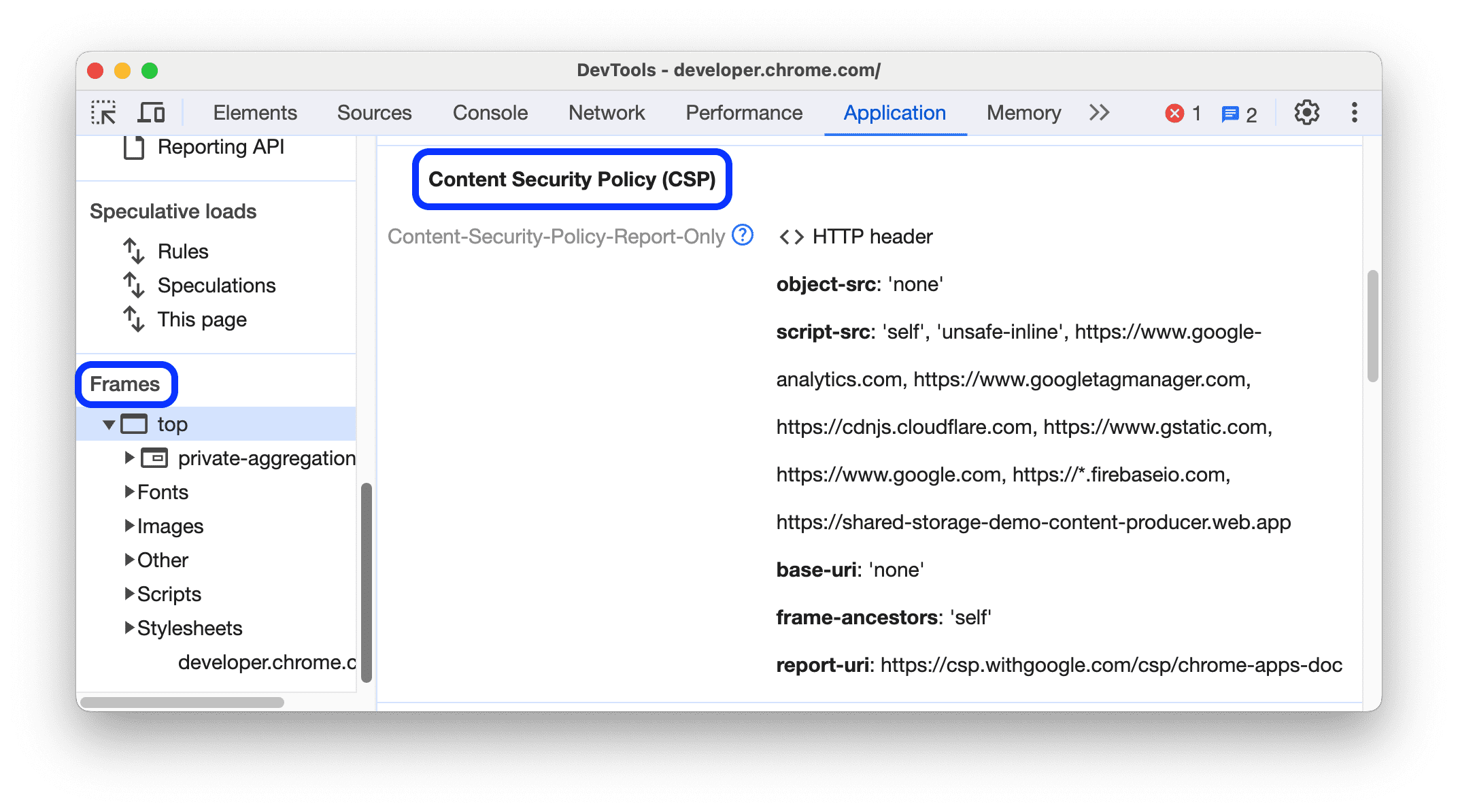 הקטע Content Security Policy (מדיניות אבטחת תוכן) שנמצא בכרטיסייה Application (אפליקציה).