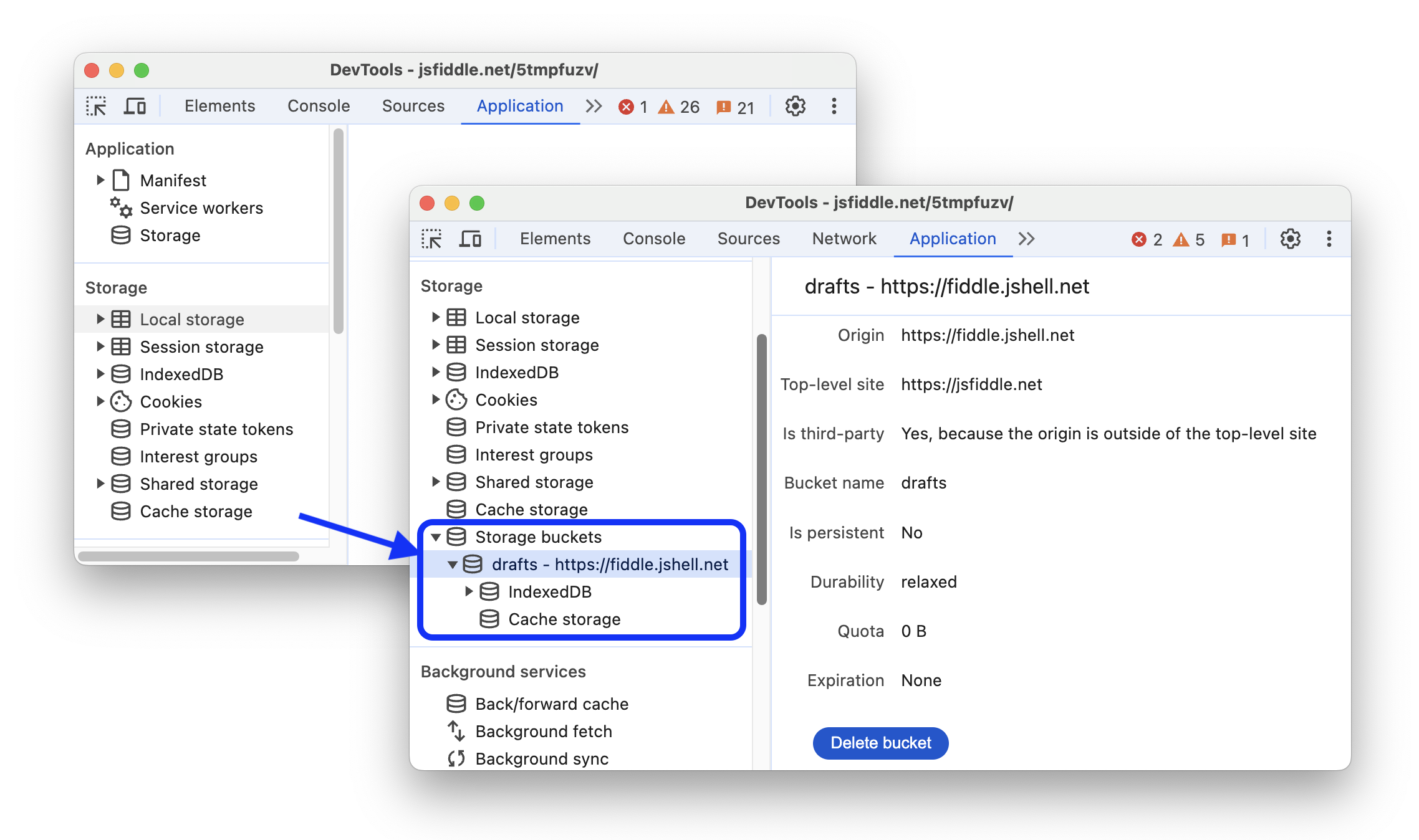 התצוגה לפני ואחרי הפעלת העץ של קטגוריות האחסון בקטע Storage (אחסון).