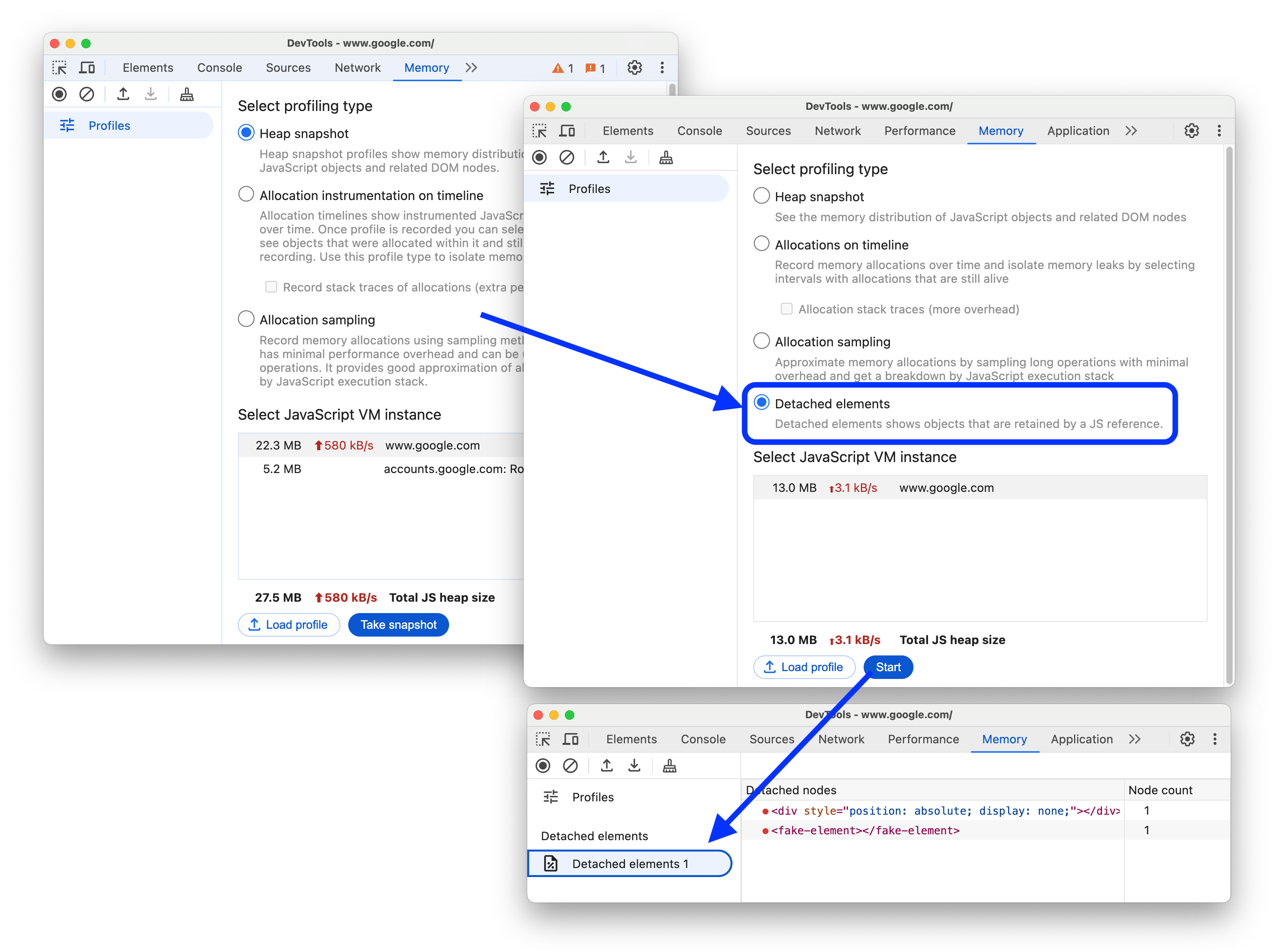 Before and after adding the 'Detached elements' profile type to the Memory panel.