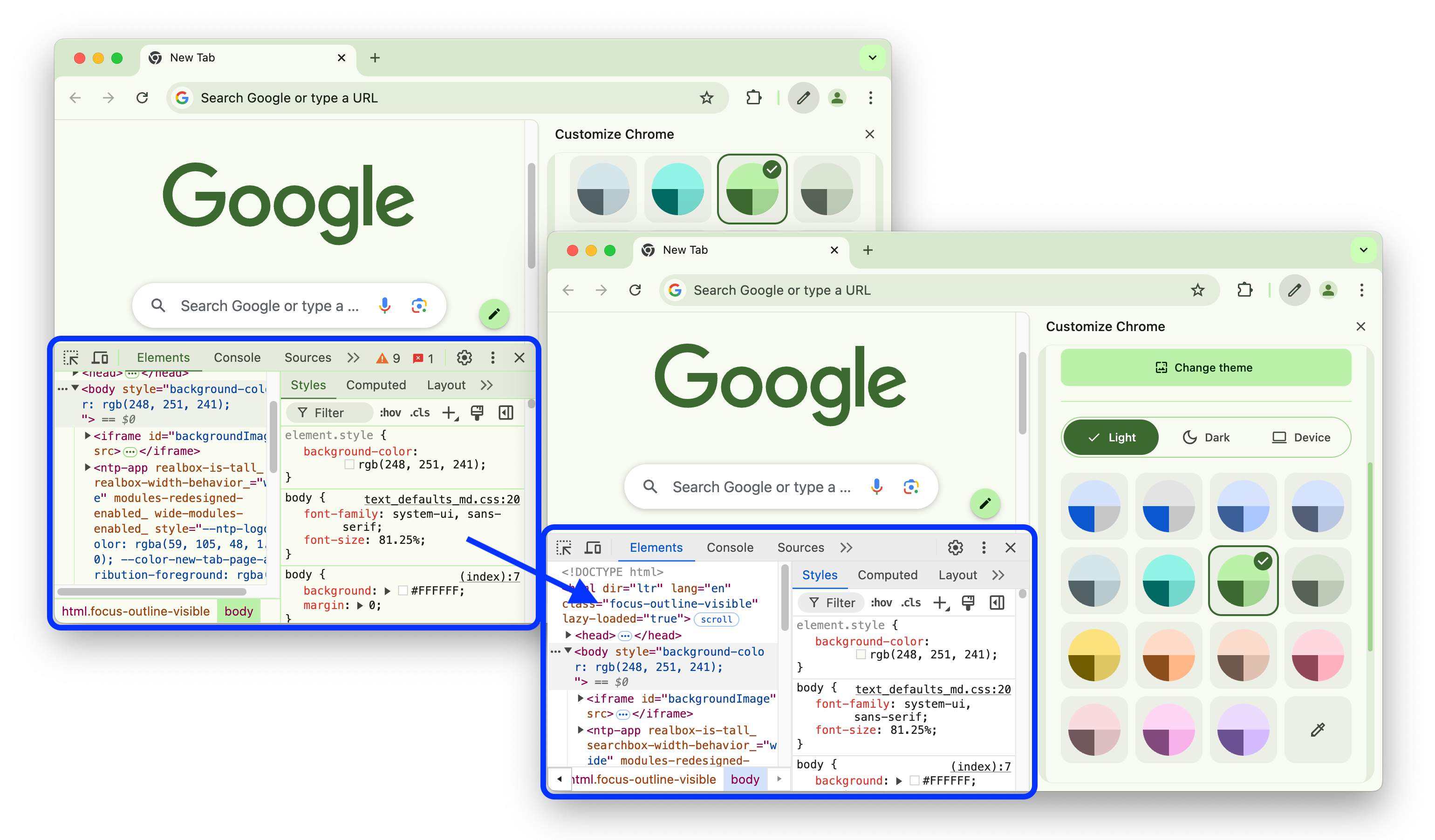 התמונות מציגות את המסך לפני ואחרי השבתת ערכת הנושא הדינמית.