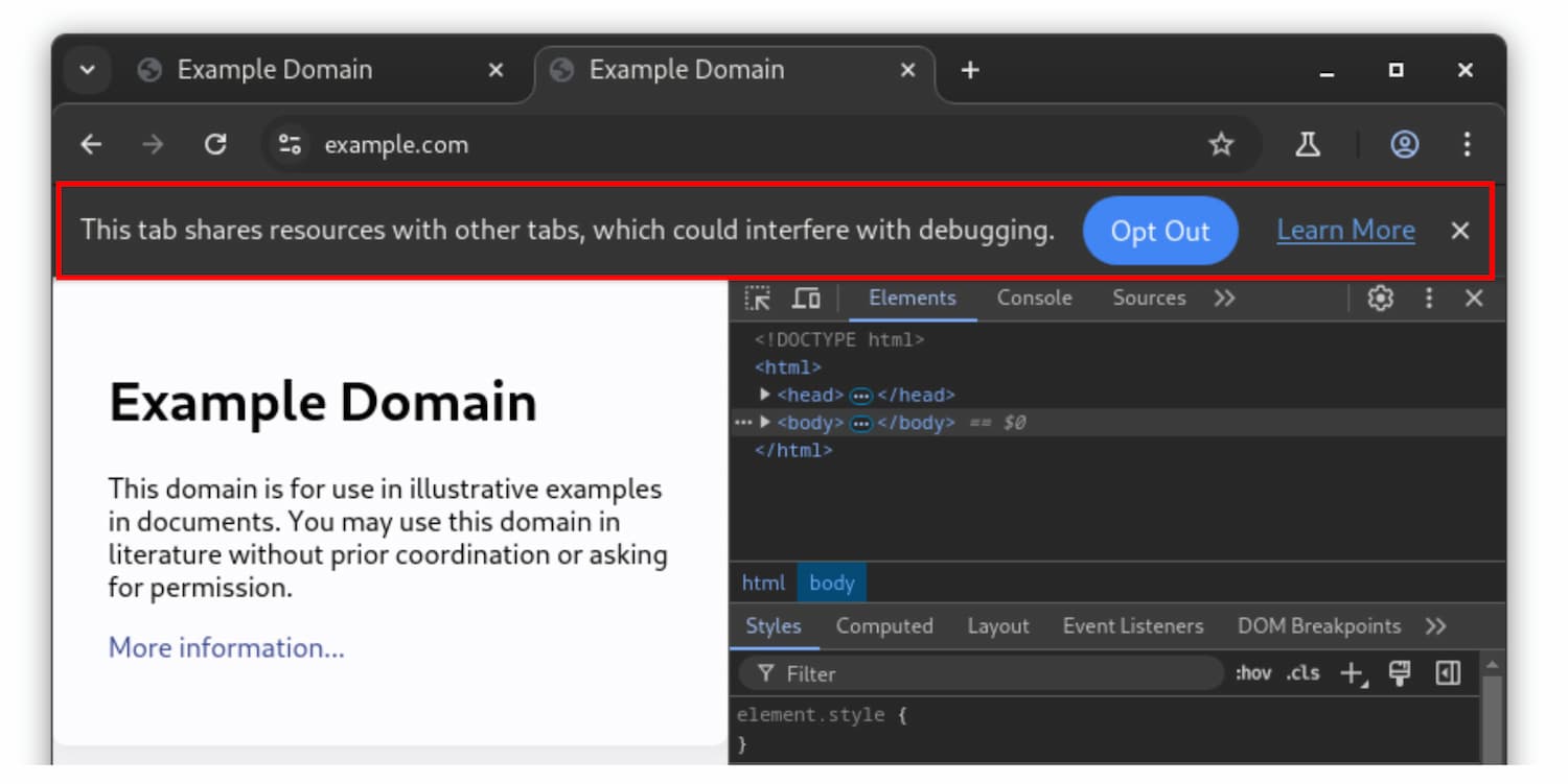 סרגל המידע &#39;הכרטיסייה הזו חולקת משאבים עם כרטיסיות אחרות...&#39;.