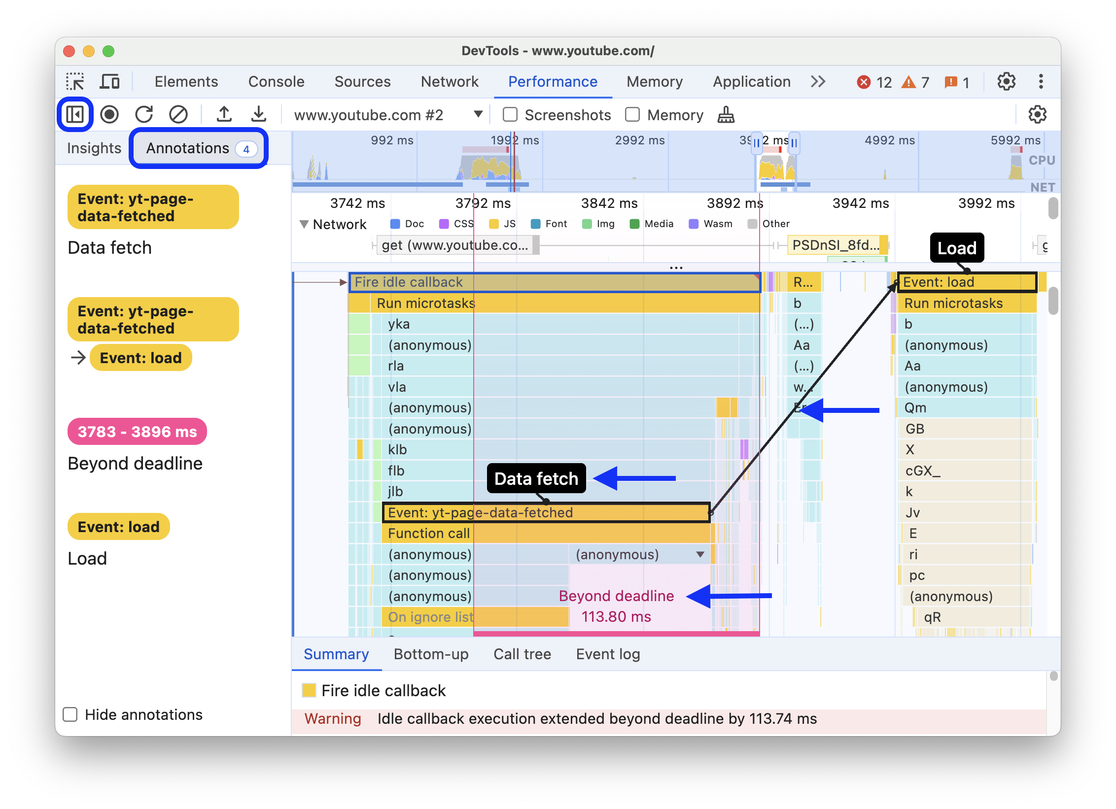 The new annotations tab in the sidebar on the left and annotated event, range, and connection.