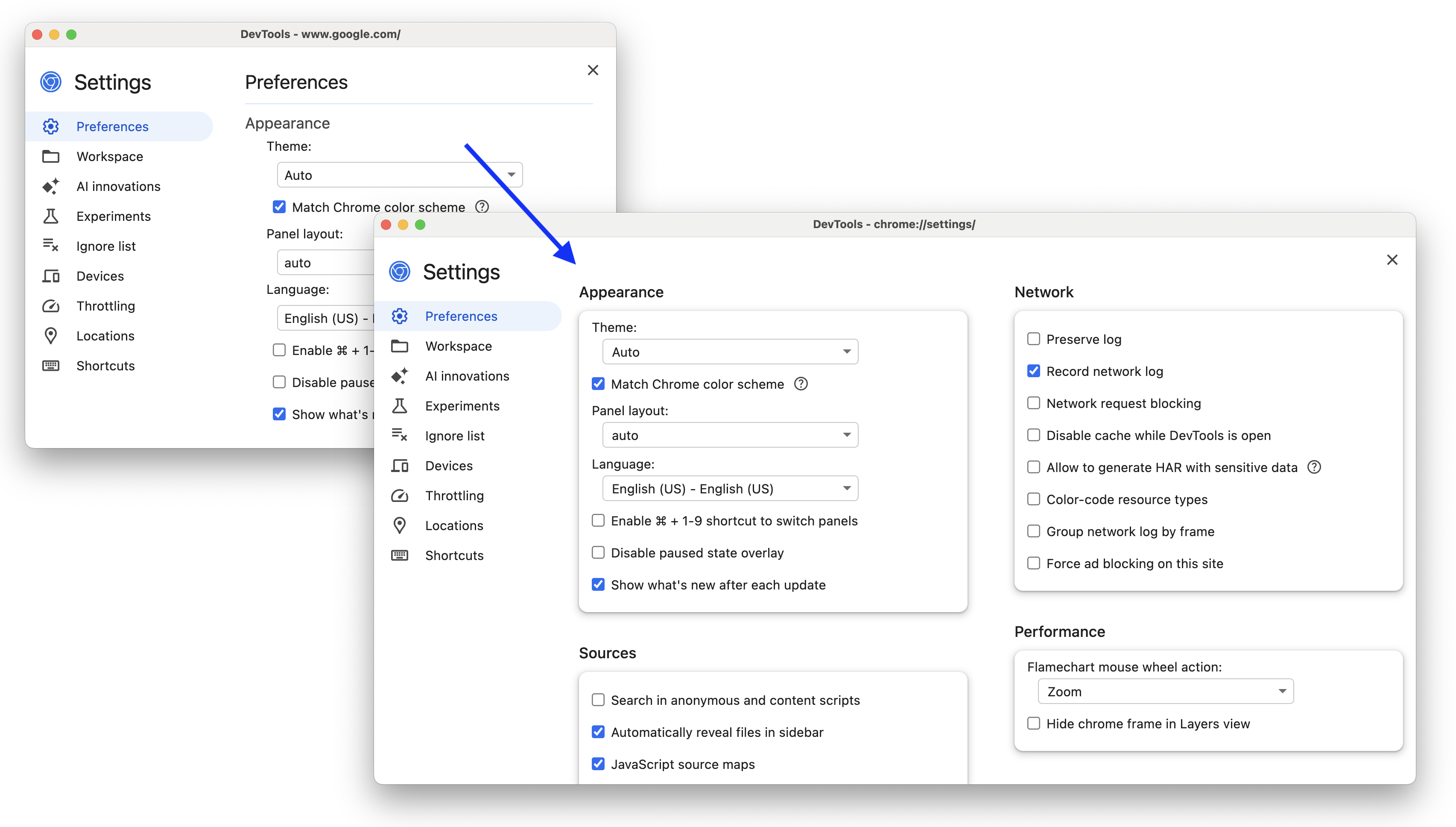 セクションを「カード」に分割する前と後の状態。