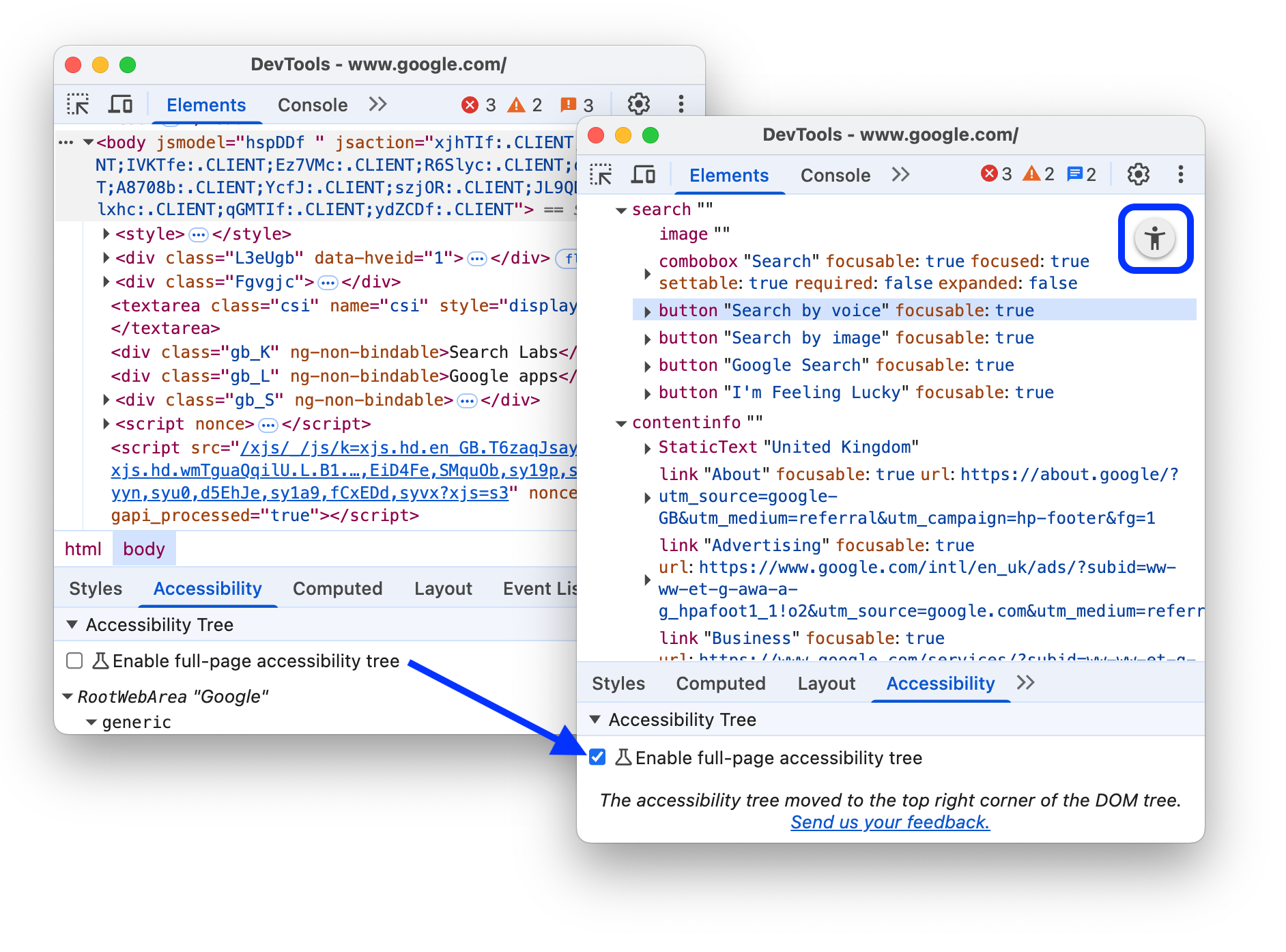 アクセシビリティ ツリーの全ページ表示をデフォルトでオンにした場合の前後の様子。