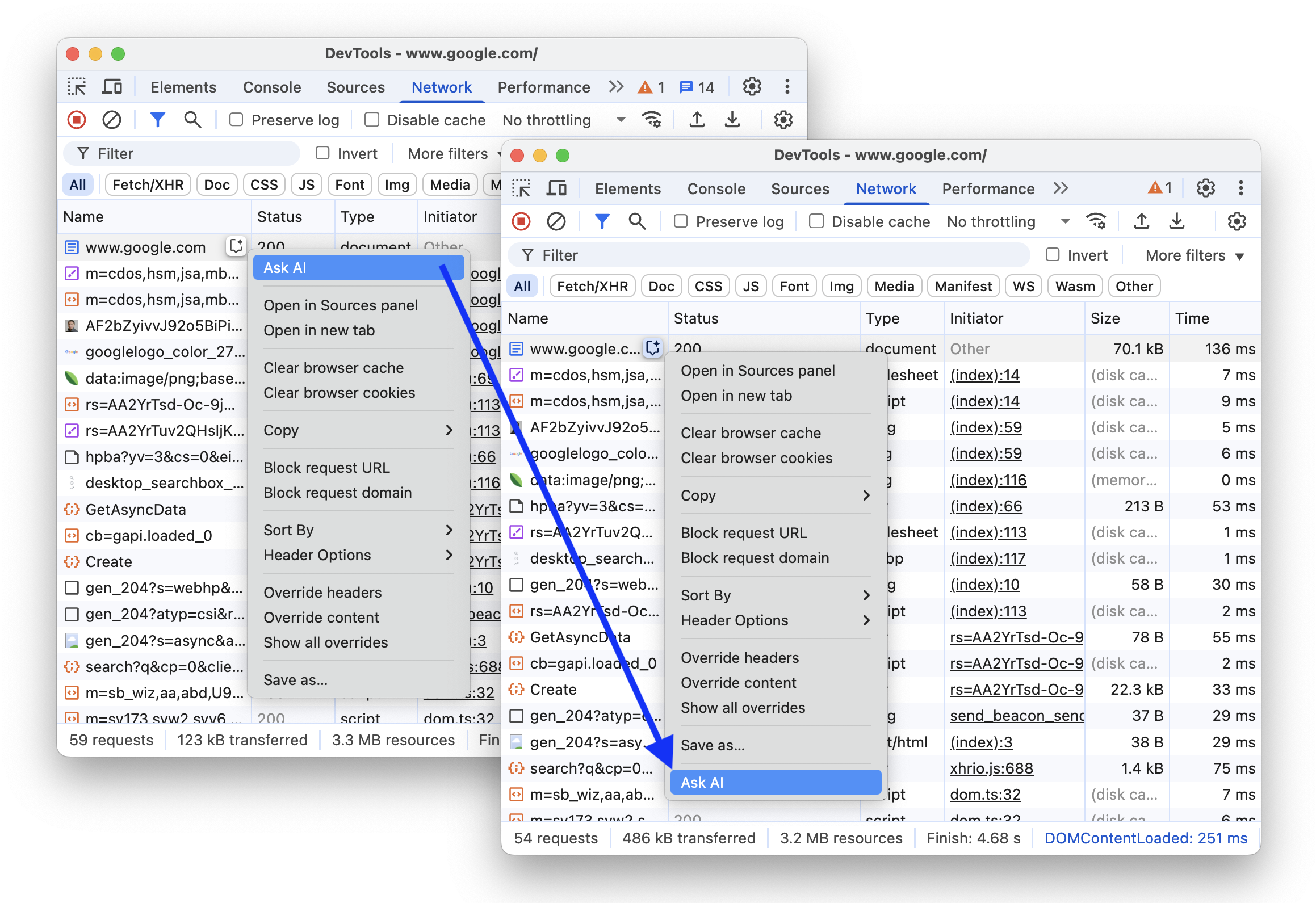 [AI に質問] オプションをプルダウン メニューの下部に移動する前後の様子。