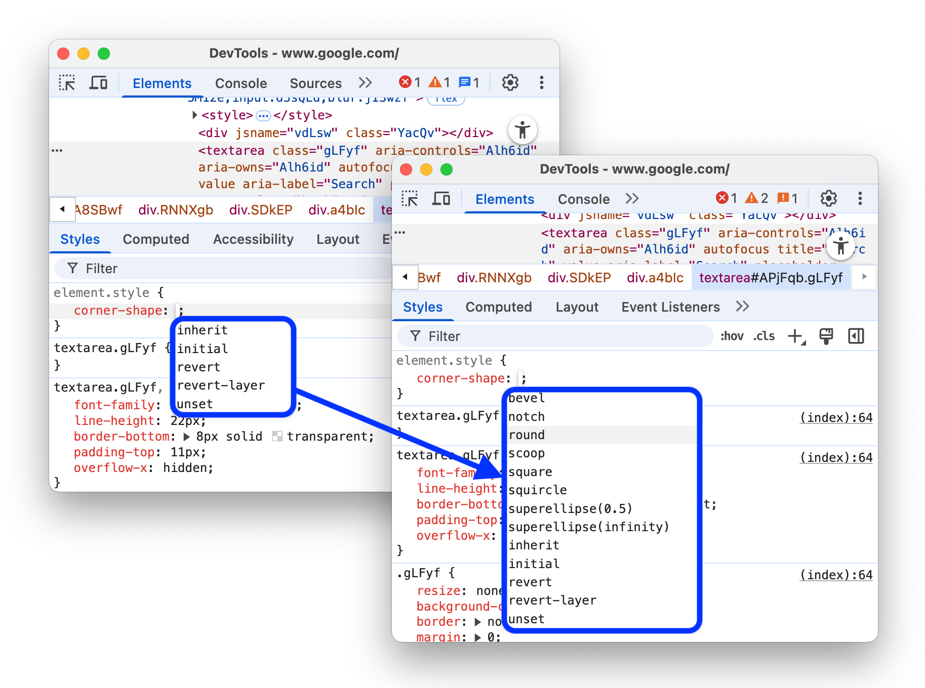 گزینههای تکمیل خودکار برای ویژگی 'corner-shape'.