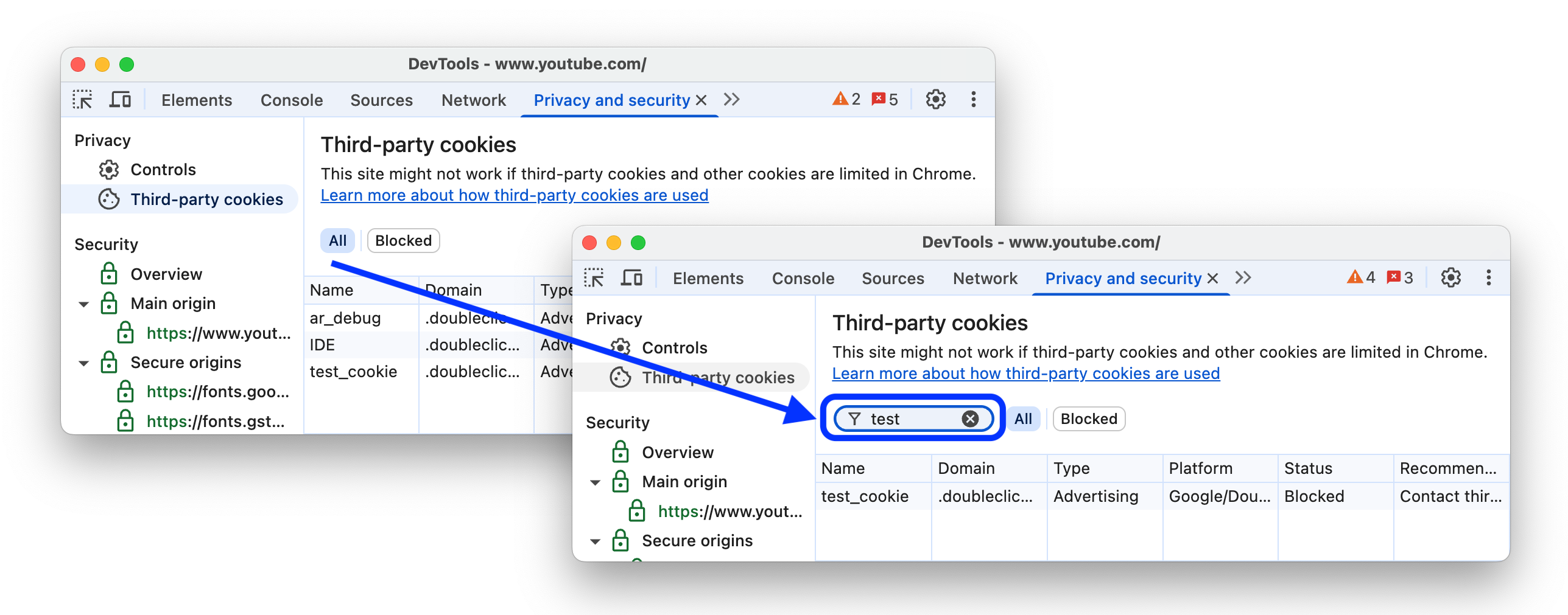 「第三方 Cookie」表格中的篩選器。