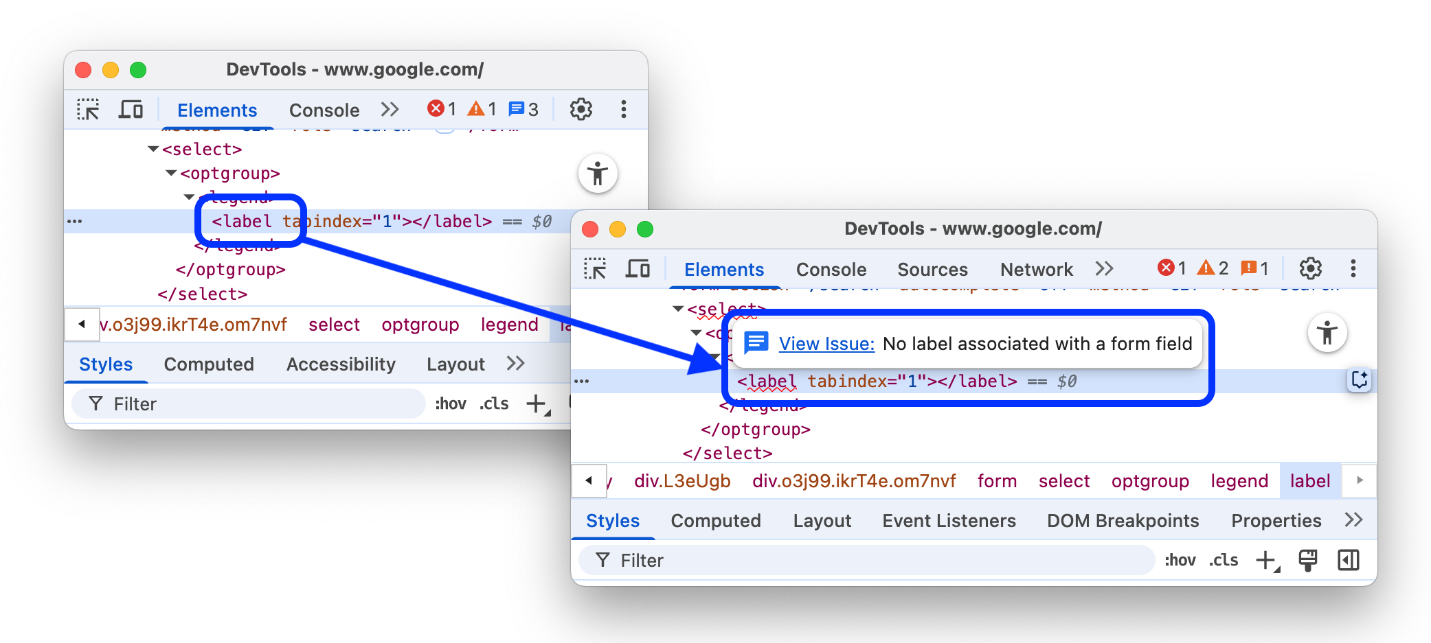 Sebelum dan sesudah menyoroti masalah DOM di hierarki DOM dengan tooltip dan link ke panel Masalah.