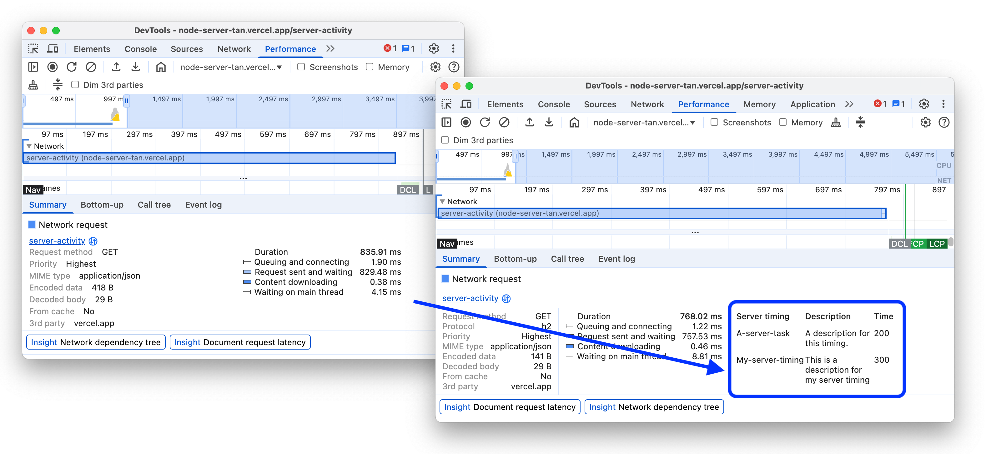Tableau &quot;Timing du serveur&quot; dans le récapitulatif d&#39;une requête réseau.