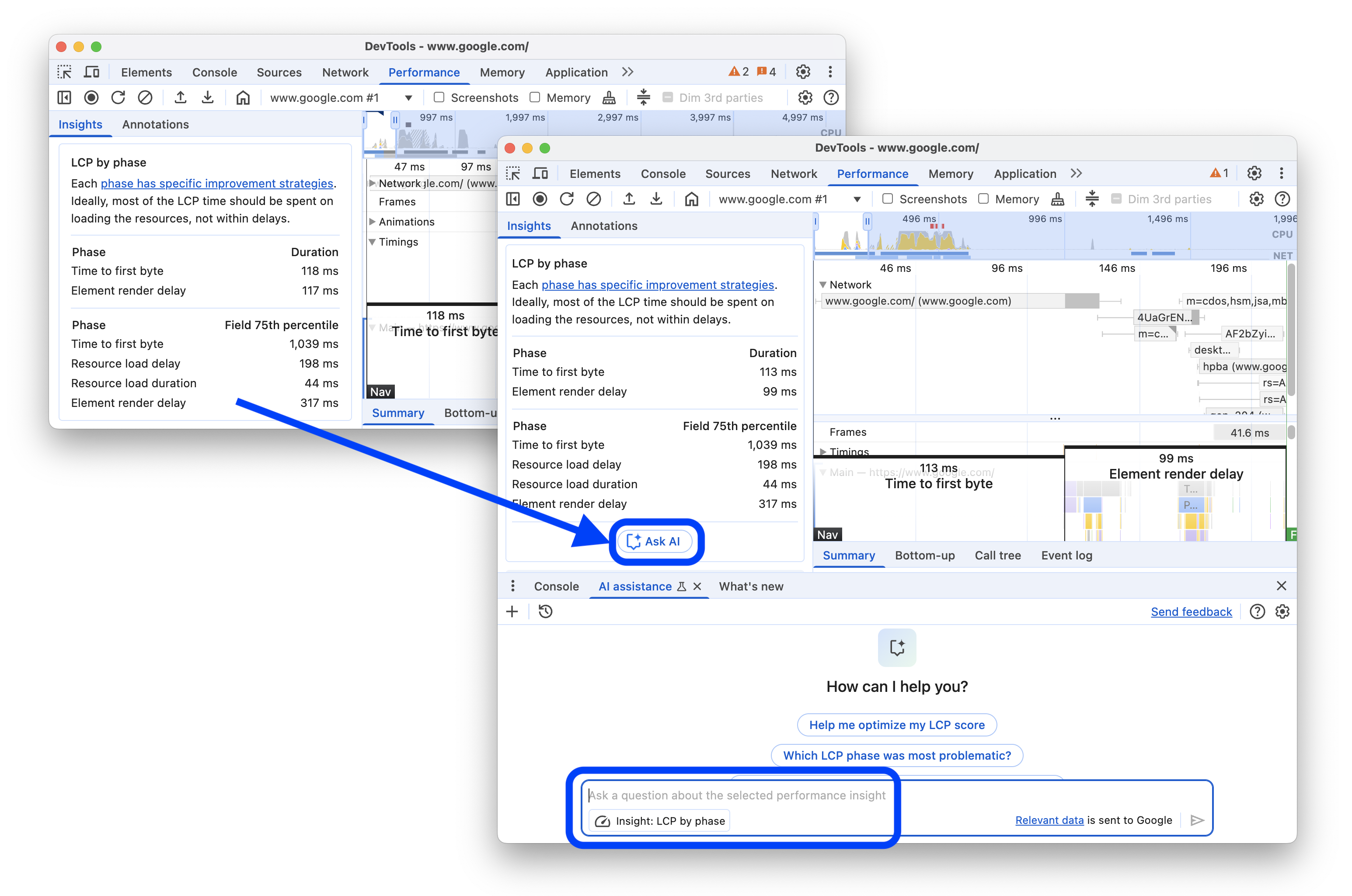 O antes e o depois de adicionar o botão &quot;Perguntar à IA&quot; a um insight no painel de performance.