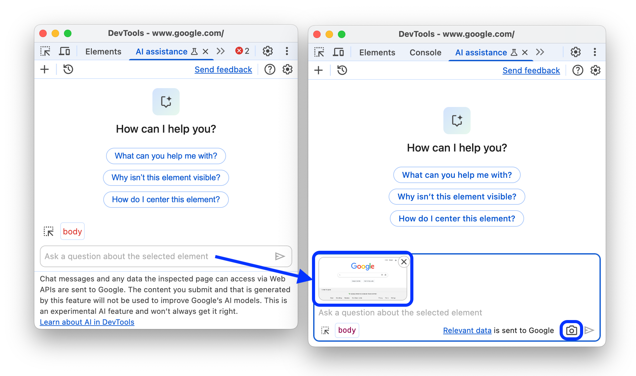 Antes e depois de adicionar o botão &quot;Fazer captura de tela&quot; ao painel &quot;Assistência de IA&quot;.