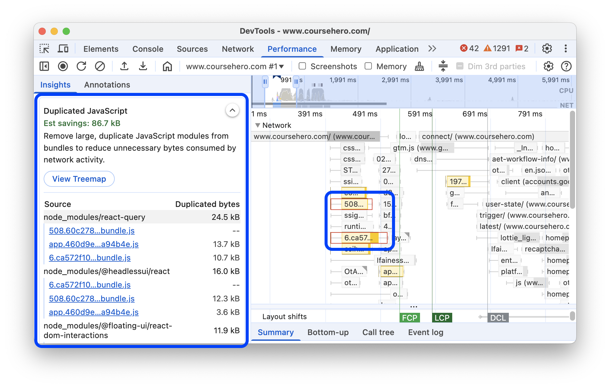 Информация о «Дублированном JavaScript» на панели «Производительность».