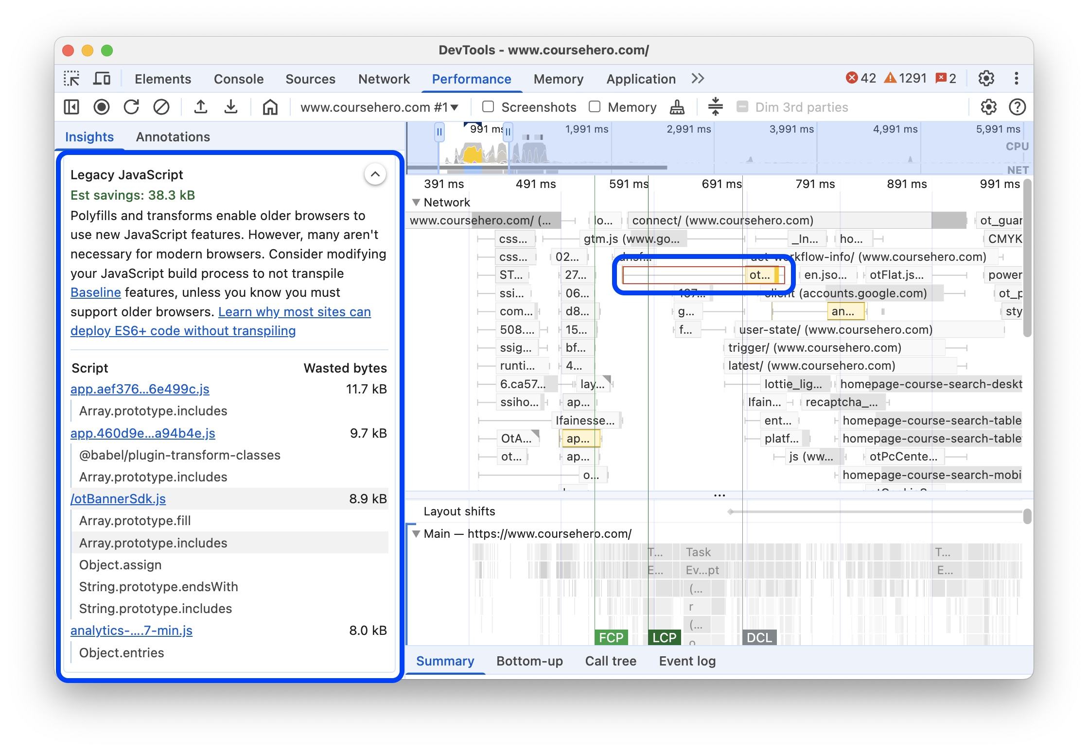 [パフォーマンス] パネルの [従来の JavaScript] の分析情報。