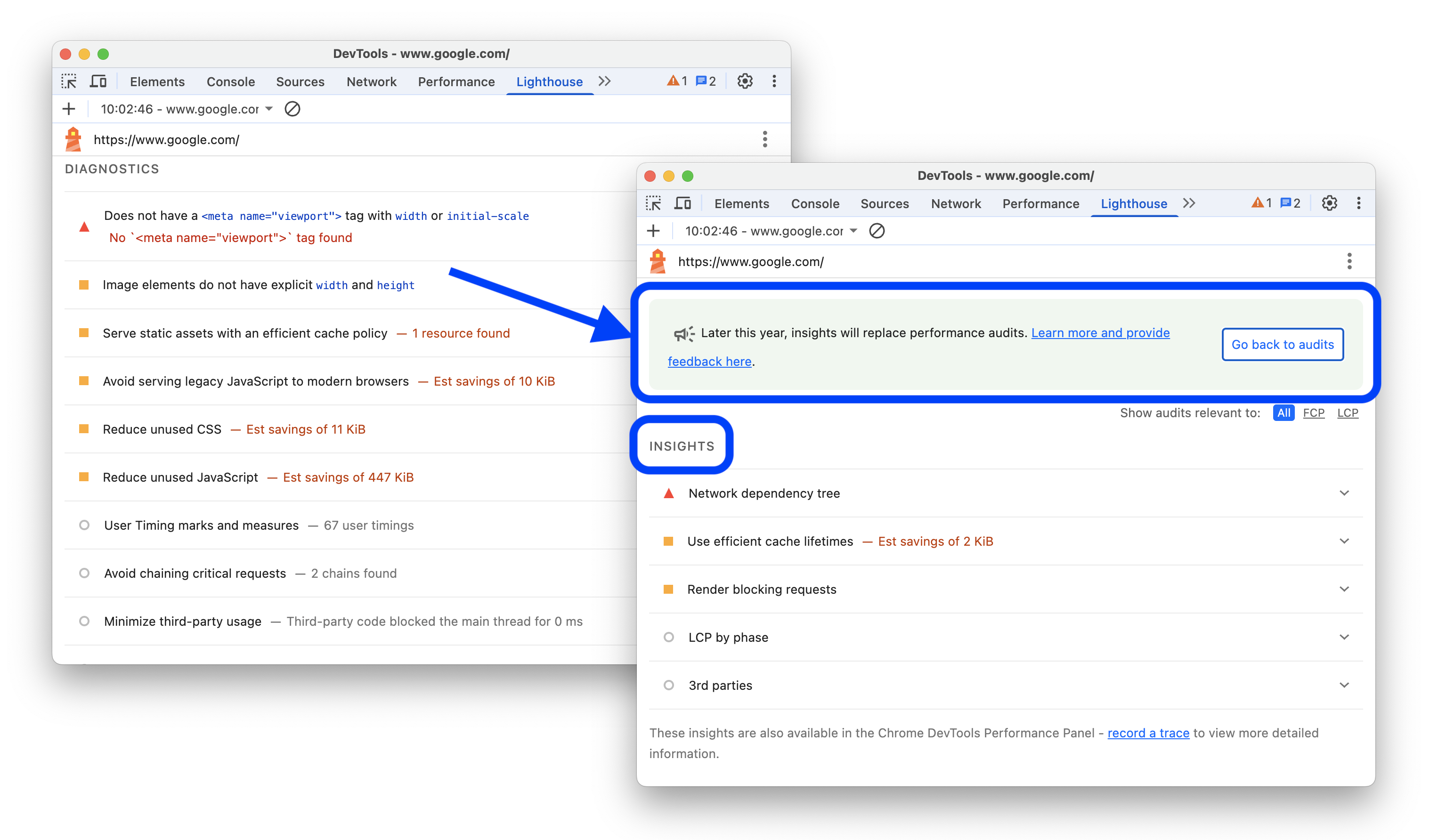 Lighthouse raporunda analizlere geçme seçeneği eklenmeden önce ve eklendikten sonraki durum.