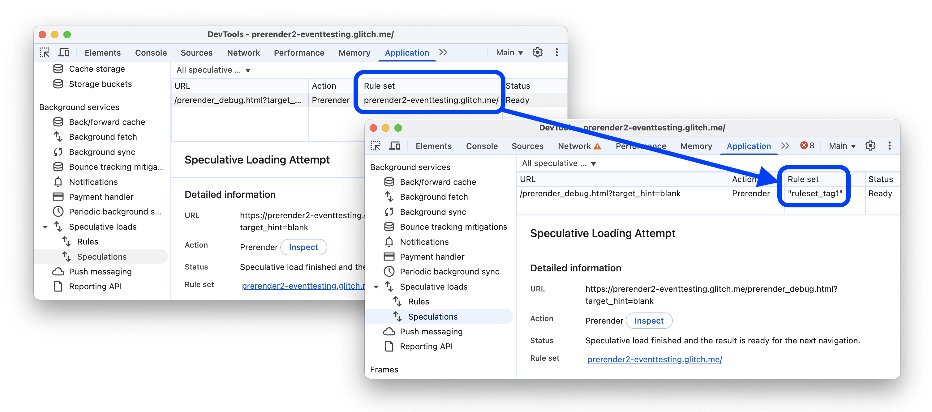 Antes e depois de substituir o URL do conjunto de regras por uma tag.
