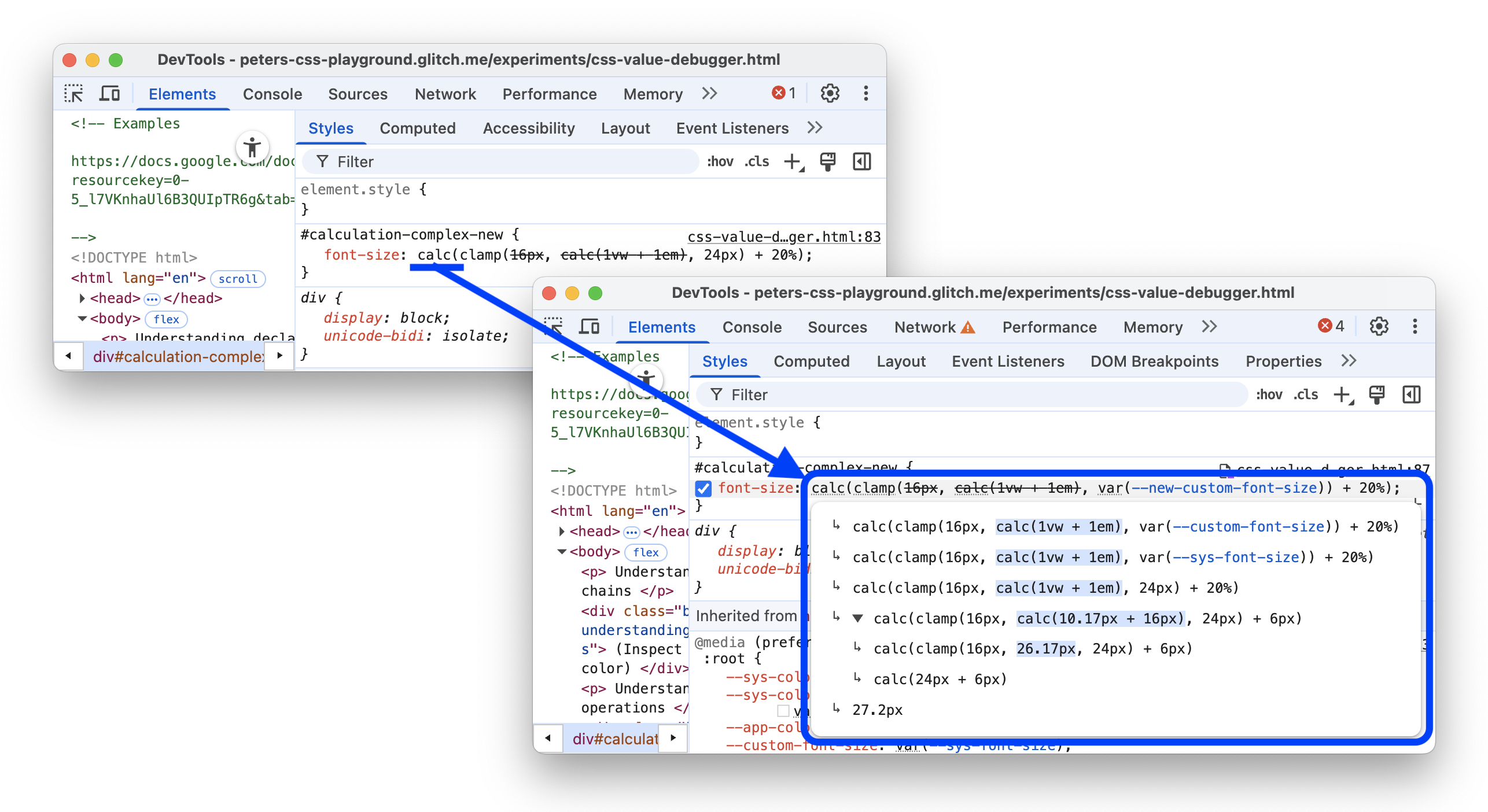Avant et après l&#39;ajout d&#39;un info-bulle avec des chaînes de définitions et des calculs complexes extensibles.