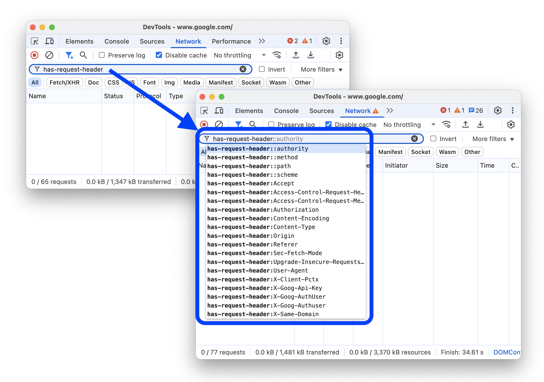 Ağ paneline &quot;has-request-header&quot; filtresi eklenmeden önce ve eklendikten sonraki durum.