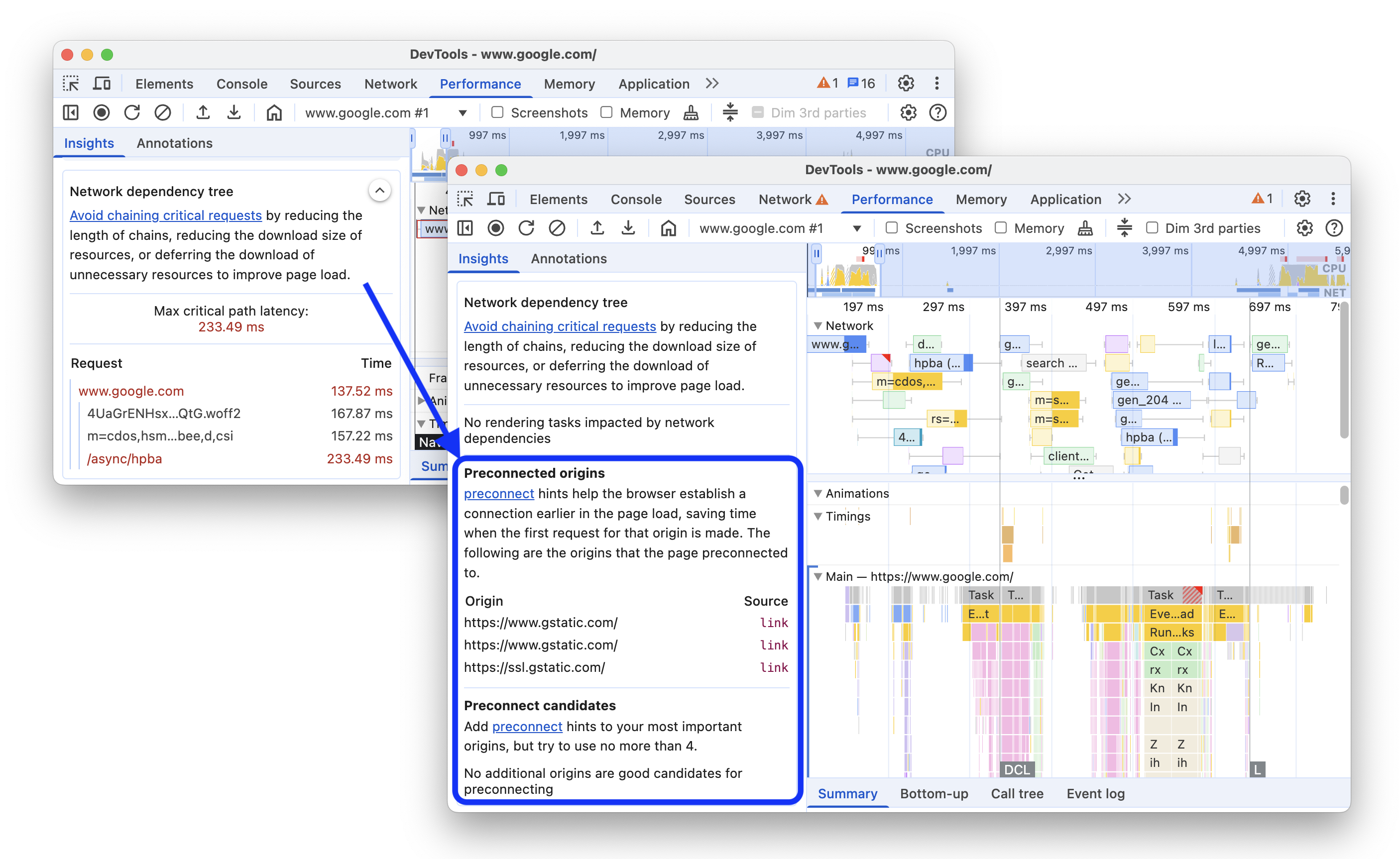 Antes e depois de adicionar origens e candidatos pré-conectados ao insight &quot;Árvore de dependência da rede&quot;.