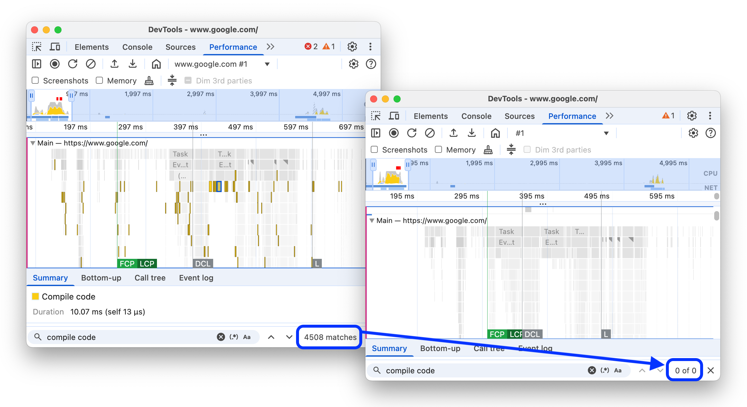 Avant et après la suppression des événements &quot;compile code&quot; de la trace de performances.