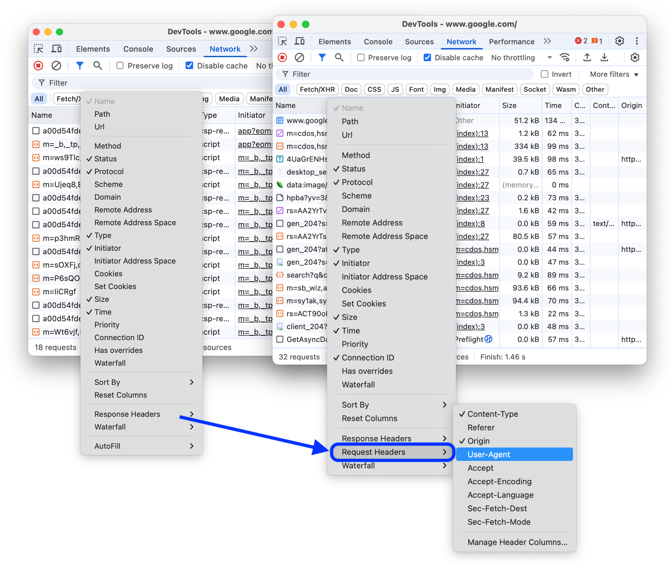 Antes e depois de adicionar a opção "Cabeçalhos da solicitação" ao menu.