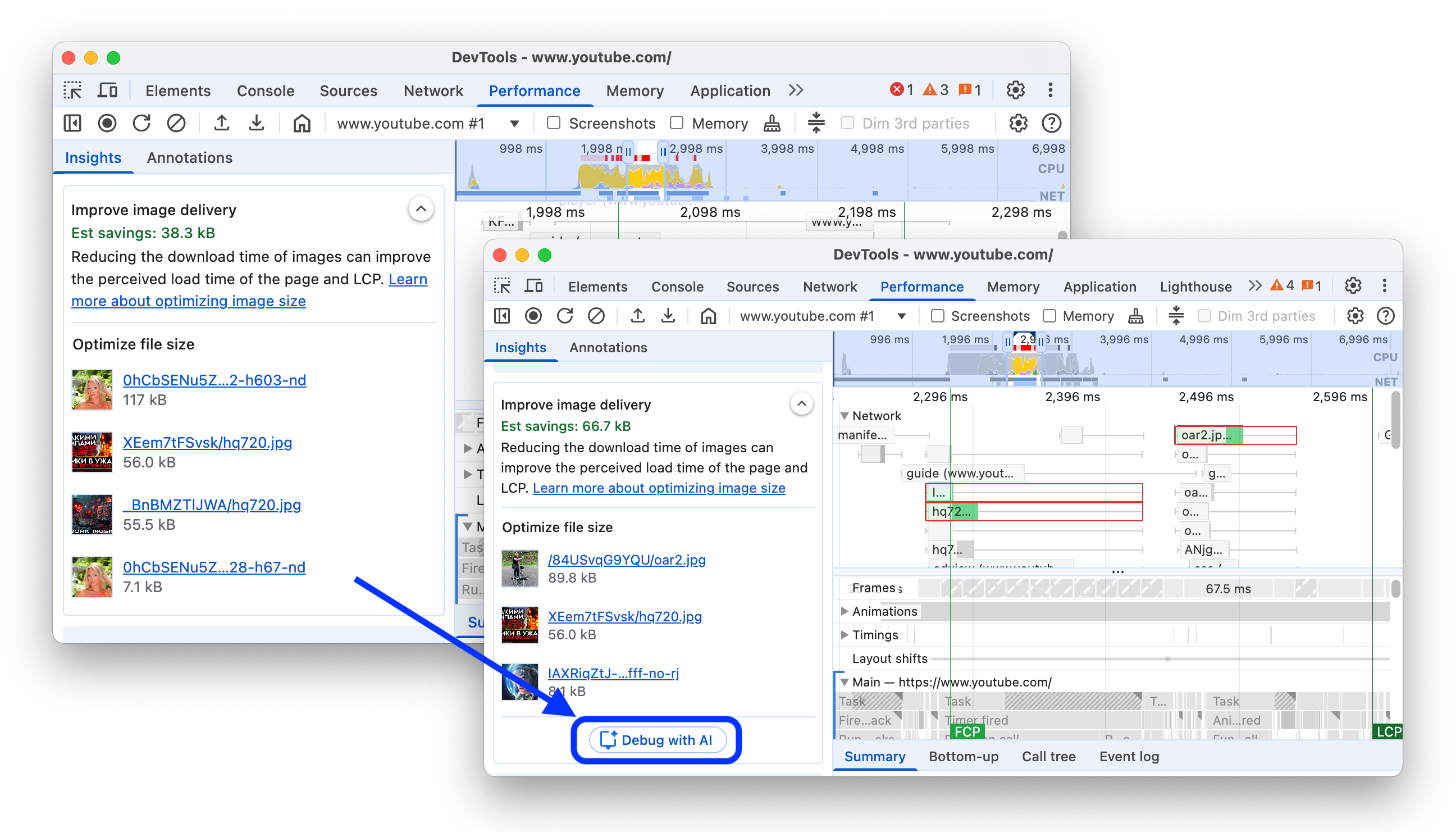 Prima e dopo l'aggiunta del pulsante "Esegui debug con l'AI" a ulteriori approfondimenti sul rendimento.